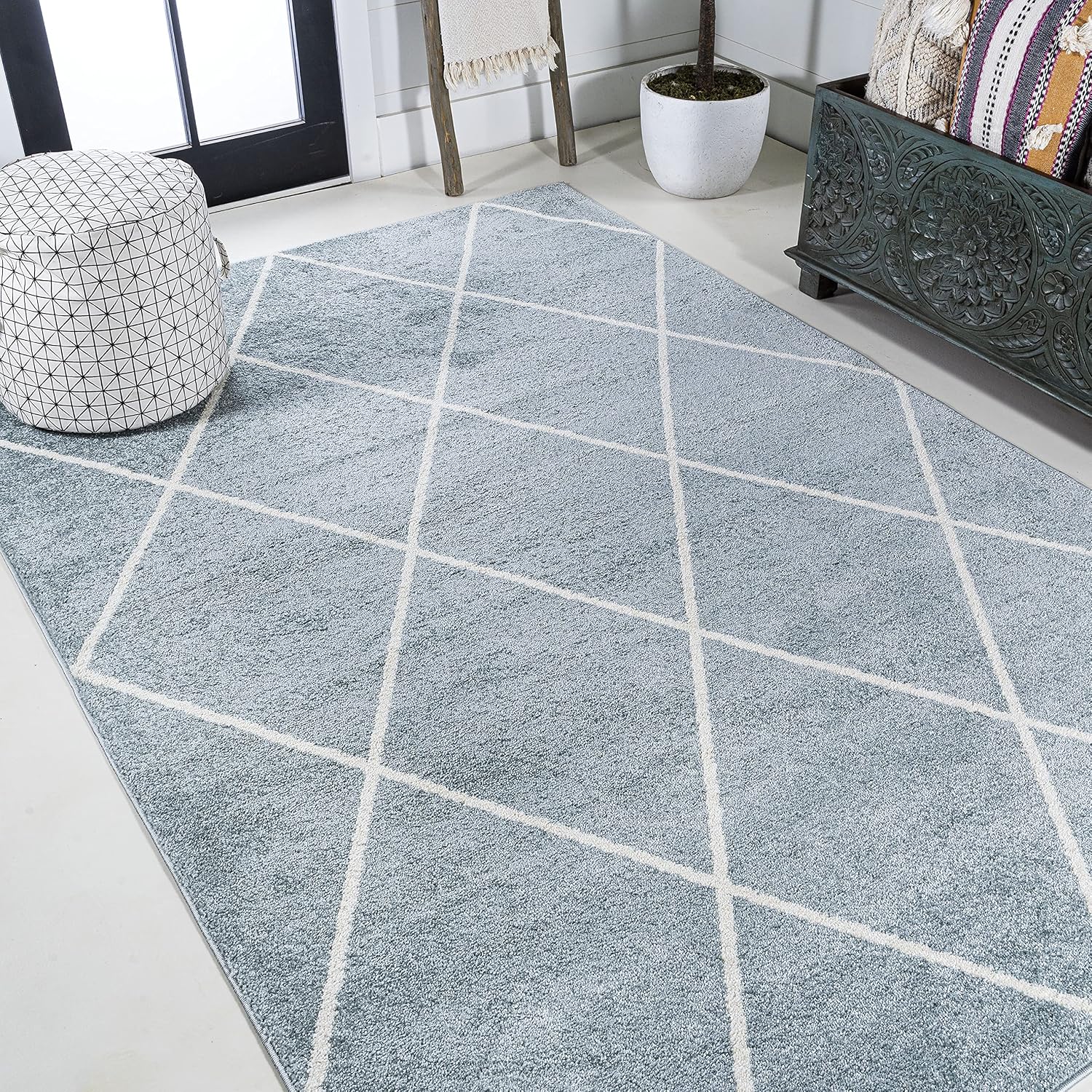 Eyely Diamond Trellis Area Rug 3 X 5 Light Blue/White, Modern Indoor Rug | Ships Rolled, Lays Flat, Premium Construction, Easy-Cleaning for Living Room, Bedroom, Kitchen, Pet Friendly, Non-Shedding