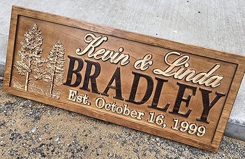 Vista 2 de Rustic Wedding Signs Wood Wall Art Personalized Couples Gift Ideas Family Last Name Custom Name Sign Lakehouse Hunting Lodge Home Decor Tree Carved