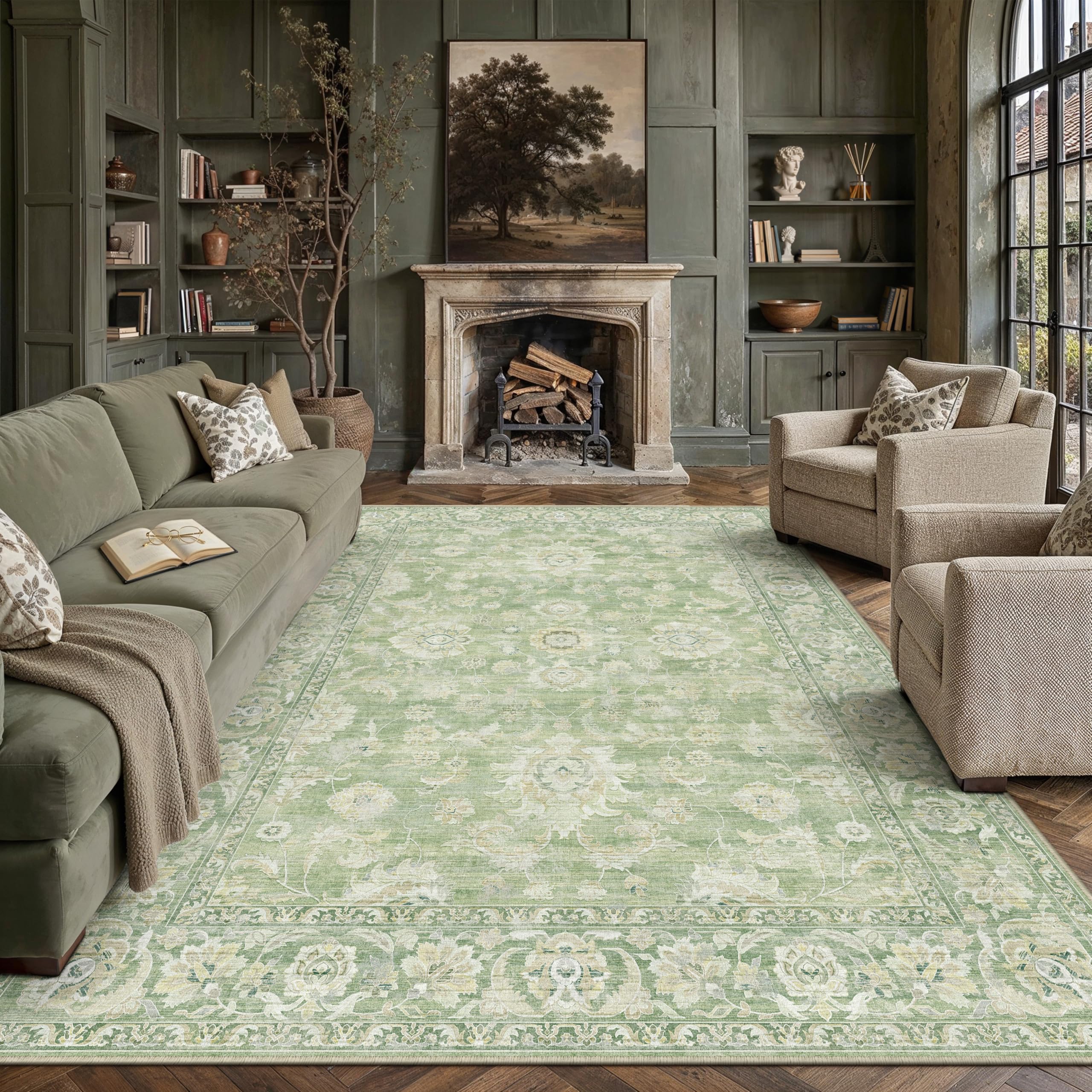 PureCozy Large Living Room Area Rug 240x300cm Vintage Washable Carpet,Green