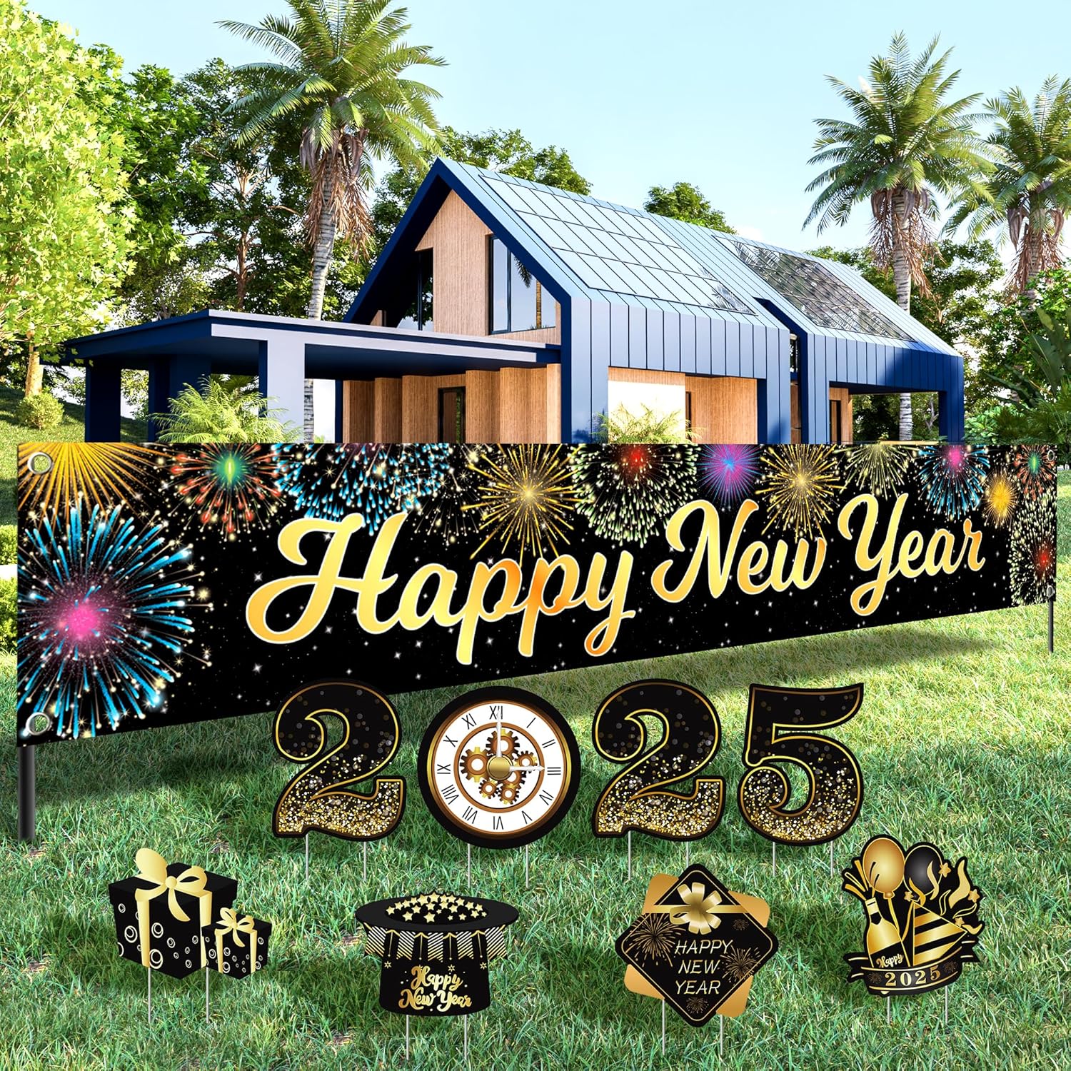 KatchOn, Happy New Year Yard Sign 2025 - Pack of 8 | Neon Happy New Year Banner - 120x20 Inch | Happy New Year Yard Lawn Signs with Stakes, New Years Eve Party Supplies 2025, New Years Decorations