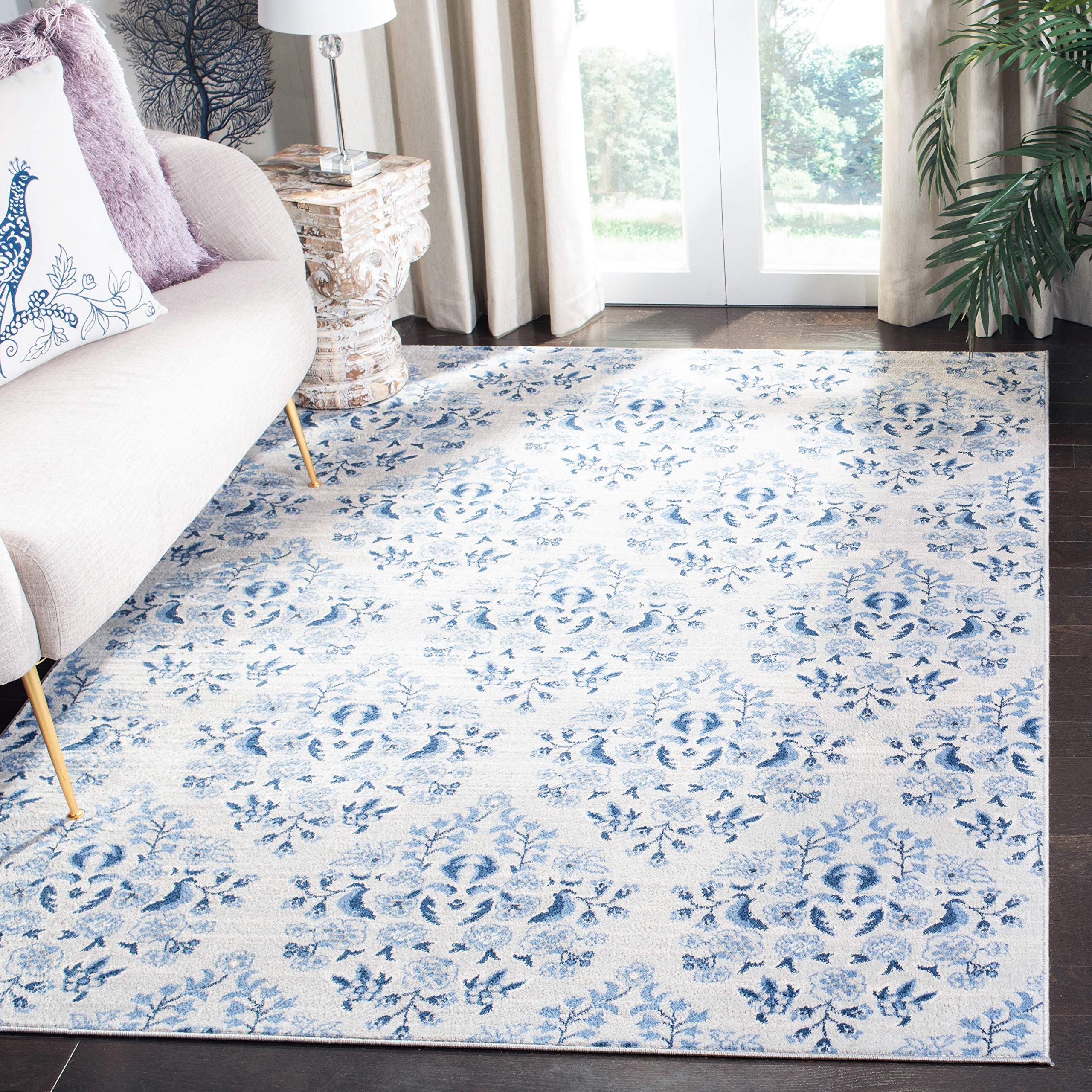 SAFAVIEH Brentwood Collection 5'3" x 7'6" Cream/Blue BNT856D Floral Shabby Chic Trellis Non-Shedding Living Room Bedroom Dining Home Office Area Rug