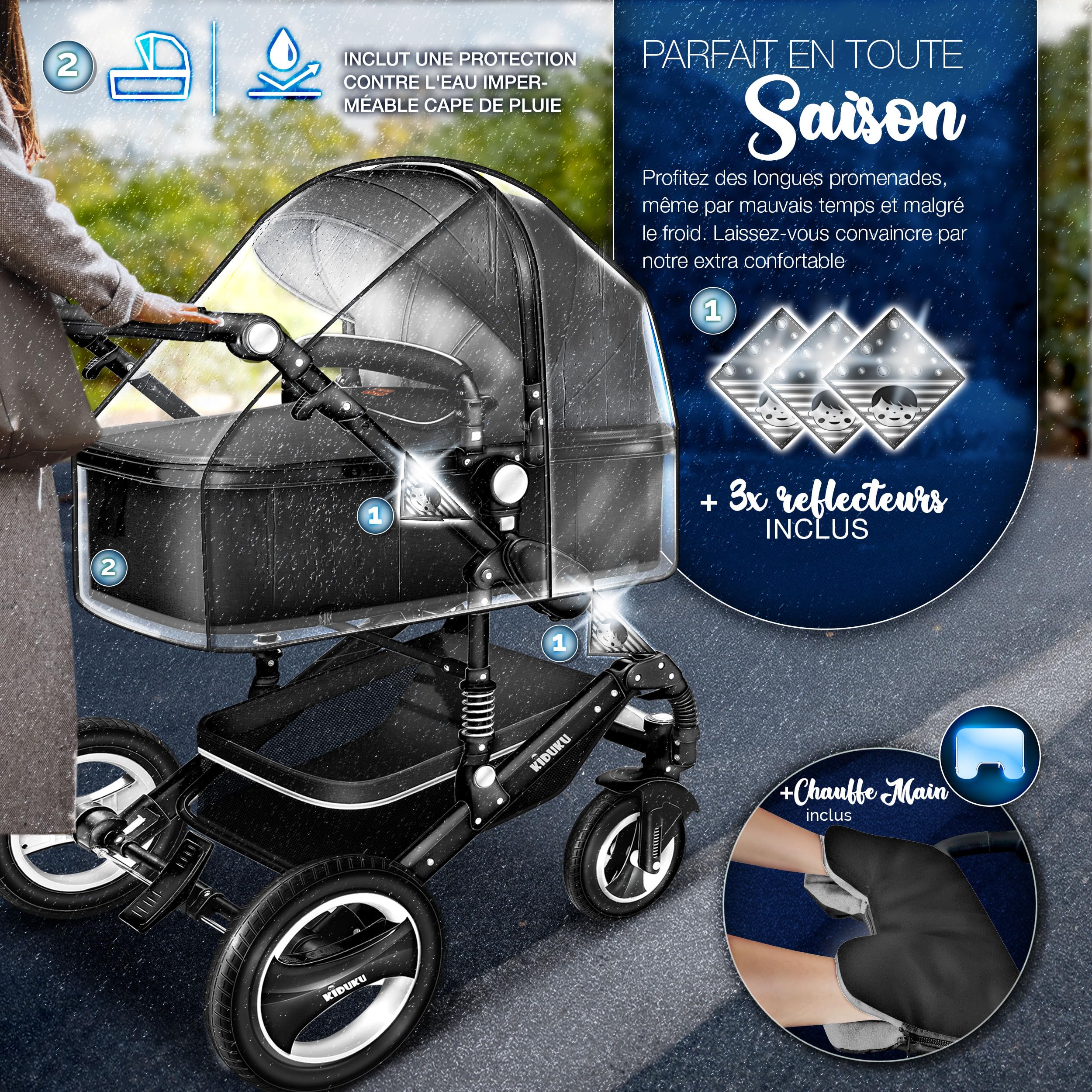 KIDUKU Poussette Combinée 3 en 1 Trio Siège Auto Légère Pliable Nacelle Souple Convertible Set de Voyage Noir