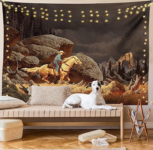 Miniatura 8 de Ambesonne Tapiz occidental, paisaje de montaña roca, vaquero, equitación, estilo Northmeric, para colgar en la pared de dormitorio, sala de estar,