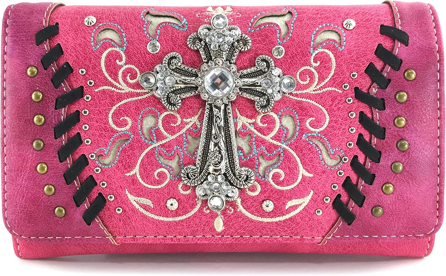 Justin West Cross Floral Embroidered Studded CCW Concealed Carry Shoulder Purse Handbag Wallet