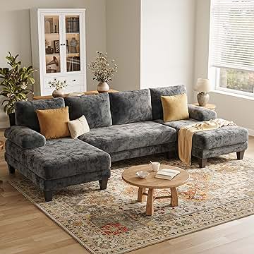 U-Shaped Sectional Couches for Living Room | 112 Inch Sectionals Couch | Dark Grey Cheille Sofa with Double Chaise for Apartment