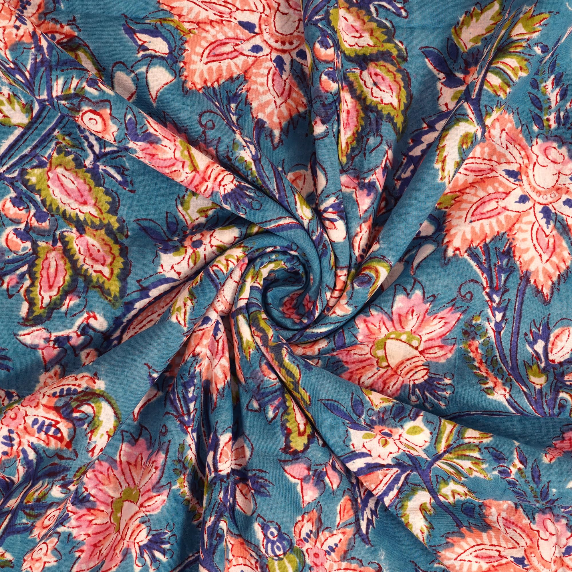 Tissu Indien : Voile de Coton Bleu Foncé Motif Fleuri Beige et Bleu