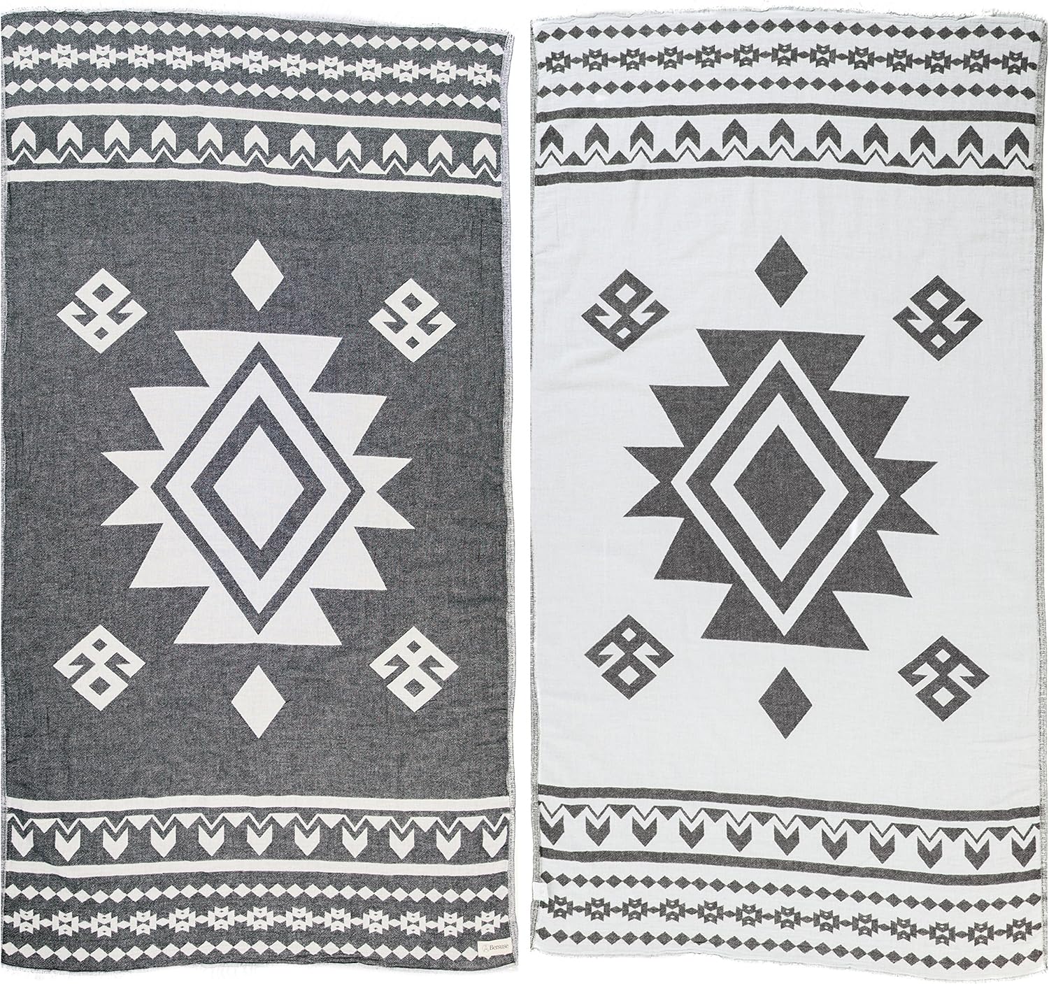Bersuse 100% Cotton Uxmal Turkish Towel Beach Towel Bath Towel Dual Layer Peshtemal Beach Blanket Beach Essentials - 37x70 Inches, Black (Set of 6)