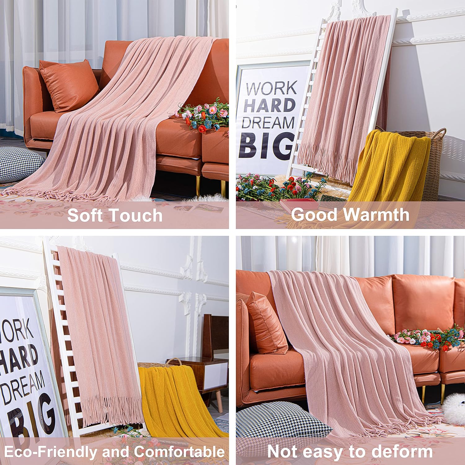 NTBAY Acrylic Knitted Throw Blanket, Lightweight and Soft Cozy Decorative Woven Blanket with Tassels for Travel, Couch, Bed, Sofa, 51x67 Inches, Light Pink Striped - Image 8