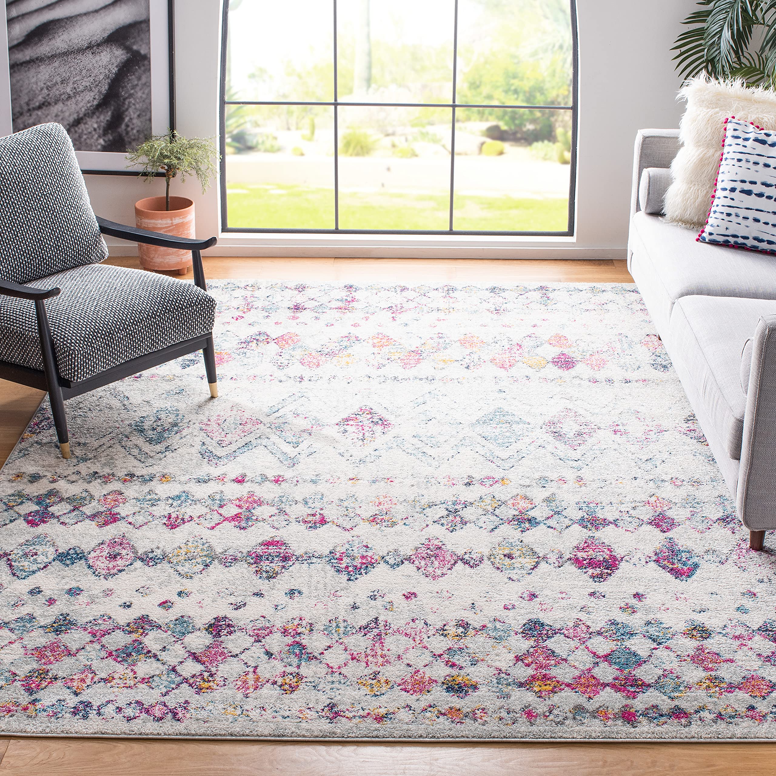SafaviehMadison Collection Area Rug - 6'7" x 9'2", Grey & Purple, Moroccan Boho Distressed Design, Non-Shedding & Easy Care, Ideal for High Traffic Areas in Living Room, Bedroom (MAD798J)
