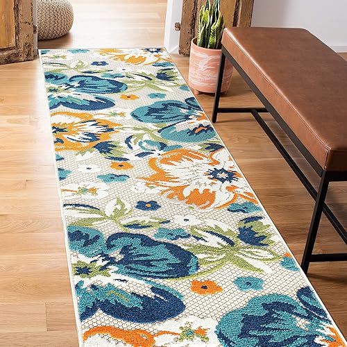 Miniatura 7 de Rugshop Bergamo - Alfombra de pasillo contemporánea con estampado floral que no desprende pelusa, para patio, terraza, patio y exterior, 2 x 7 pies,