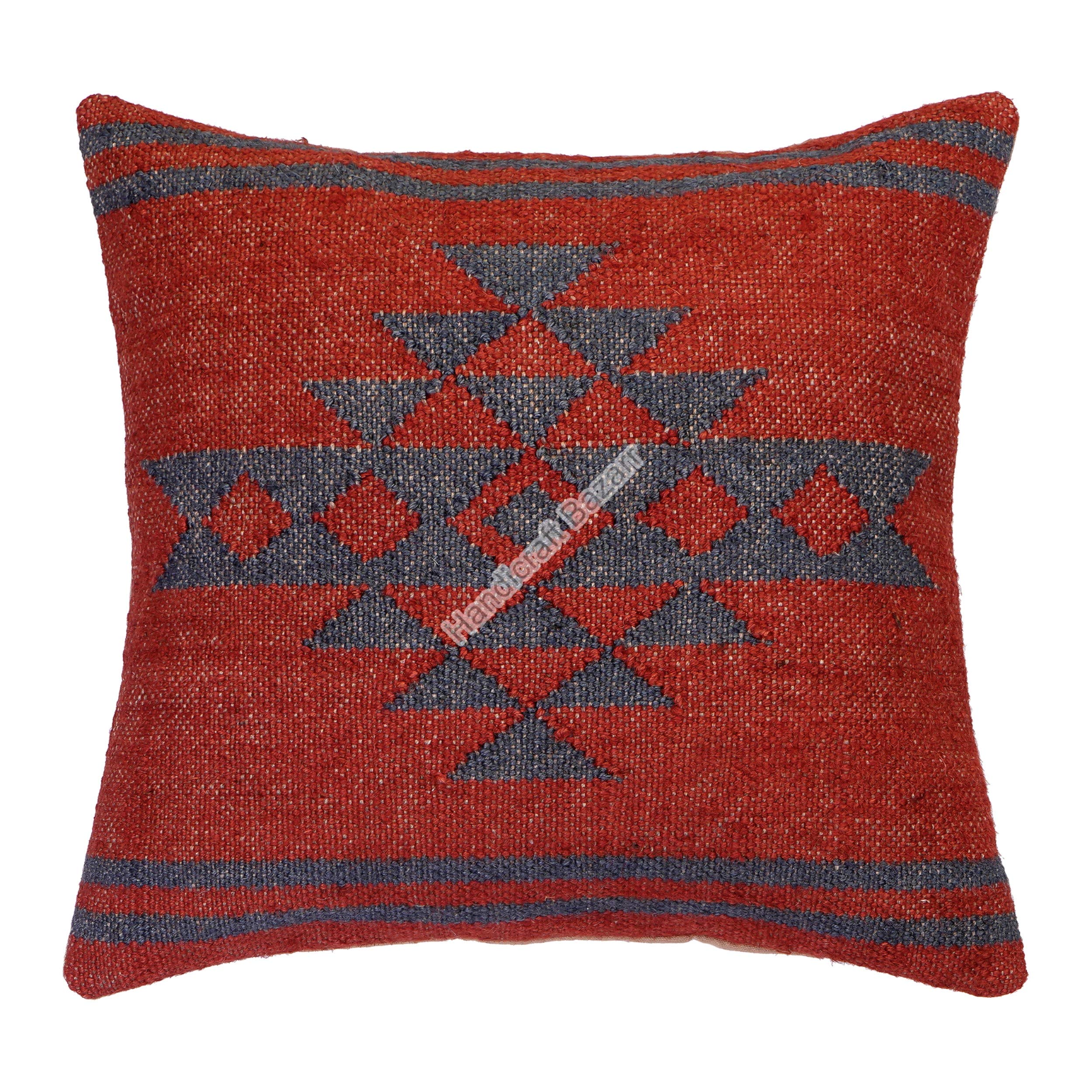 Handicraft Bazarr 18x18 Inch Geometric Wool Jute Cushion Case Kilim Jute Accent Indan Handmade Euro Oriented Chair Pad Decorative Floor Sofa Sham Indoor Outdoor Decor, HB-CC1-337