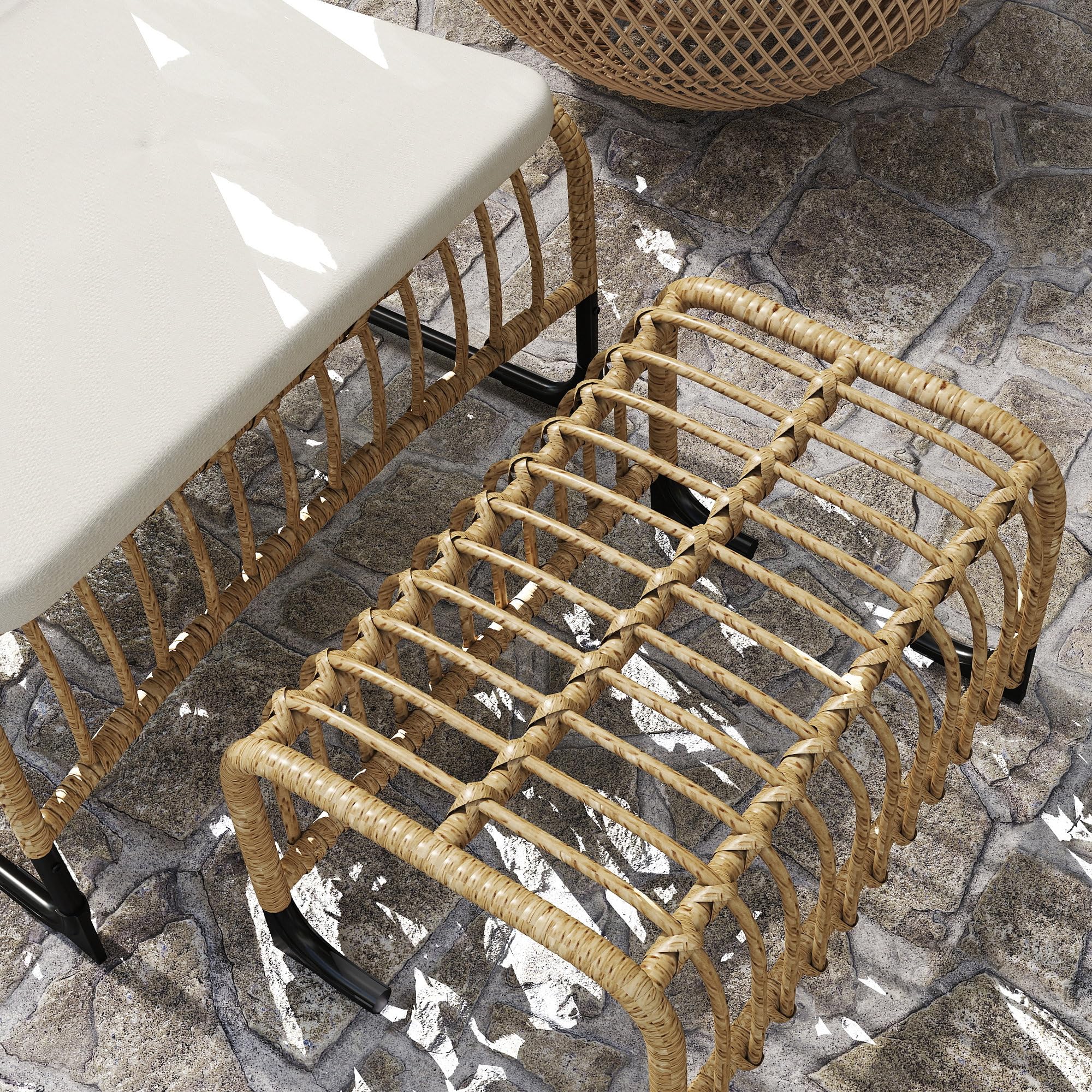 Outsunny Conjunto de Sillón de Jardín con Reposapiés de Ratán Sintético, Sillón para Exterior con Estructura de Acero y Cojín Acolchado, Natural y Beige