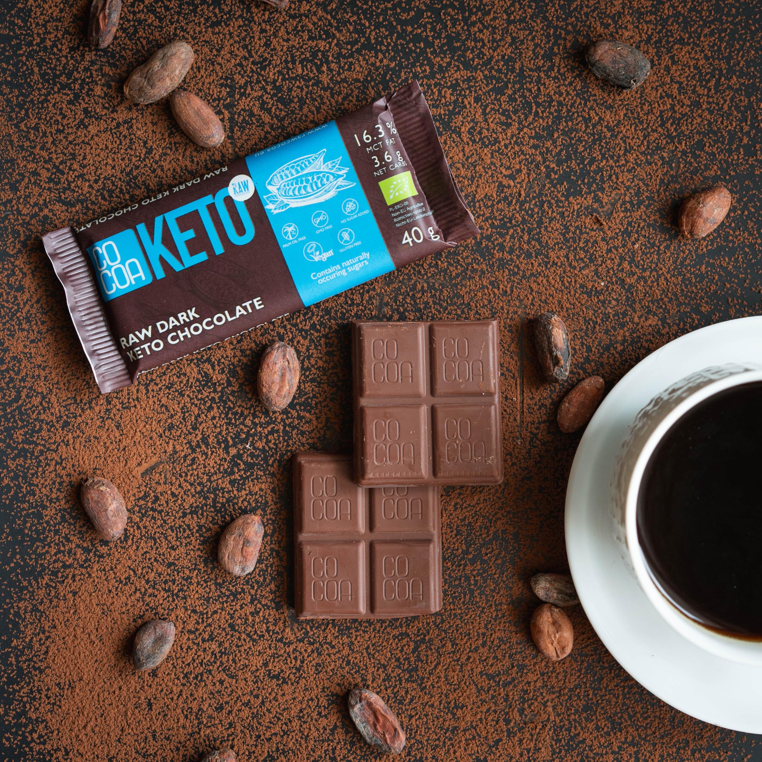CO COA Celebration Chocolat Noir BIO Keto - Paquet 12x40g, Sans Gluten, 0% Sucre Ajouté, Snack Faible en Glucides avec Huile MCT, Parfait pour Régime Cétogène, Sans Additifs Aromatiques