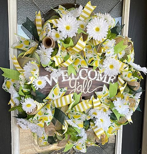 Miniatura 3 de XL Welcome Y'all Lemon & Daisy Summer & Spring Deco Mesh Front Door Wreath, Porch Patio Home Decor, Handmade, Unique Gift Idea for Her