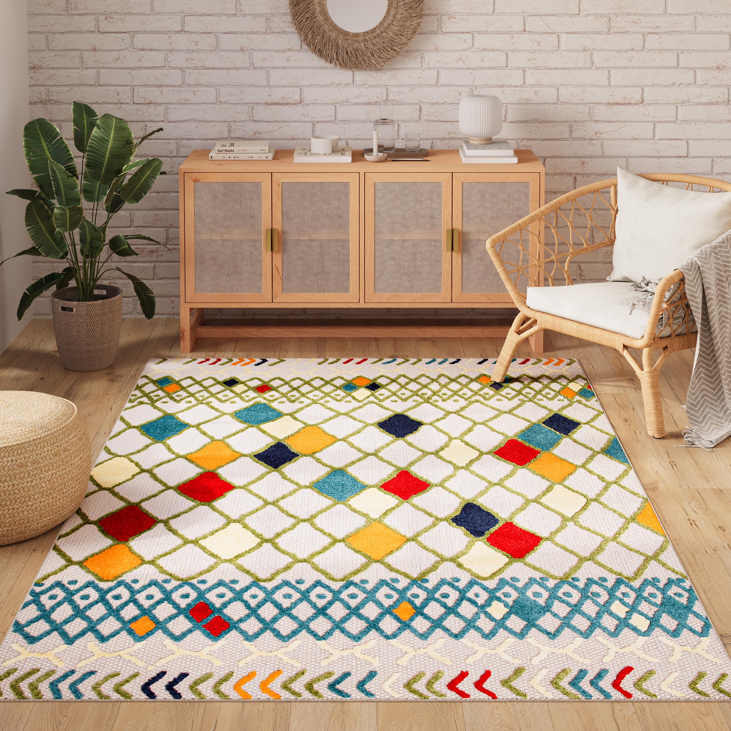TAPISO Patio dywan tarasowy, mata do kuchni, salonu, na zewnątrz, nowoczesne wzornictwo, 3D, karo, wielokolorowy, kremowy, marokański wzór, sizal, odporny na uszkodzenia 140 x 200 cm