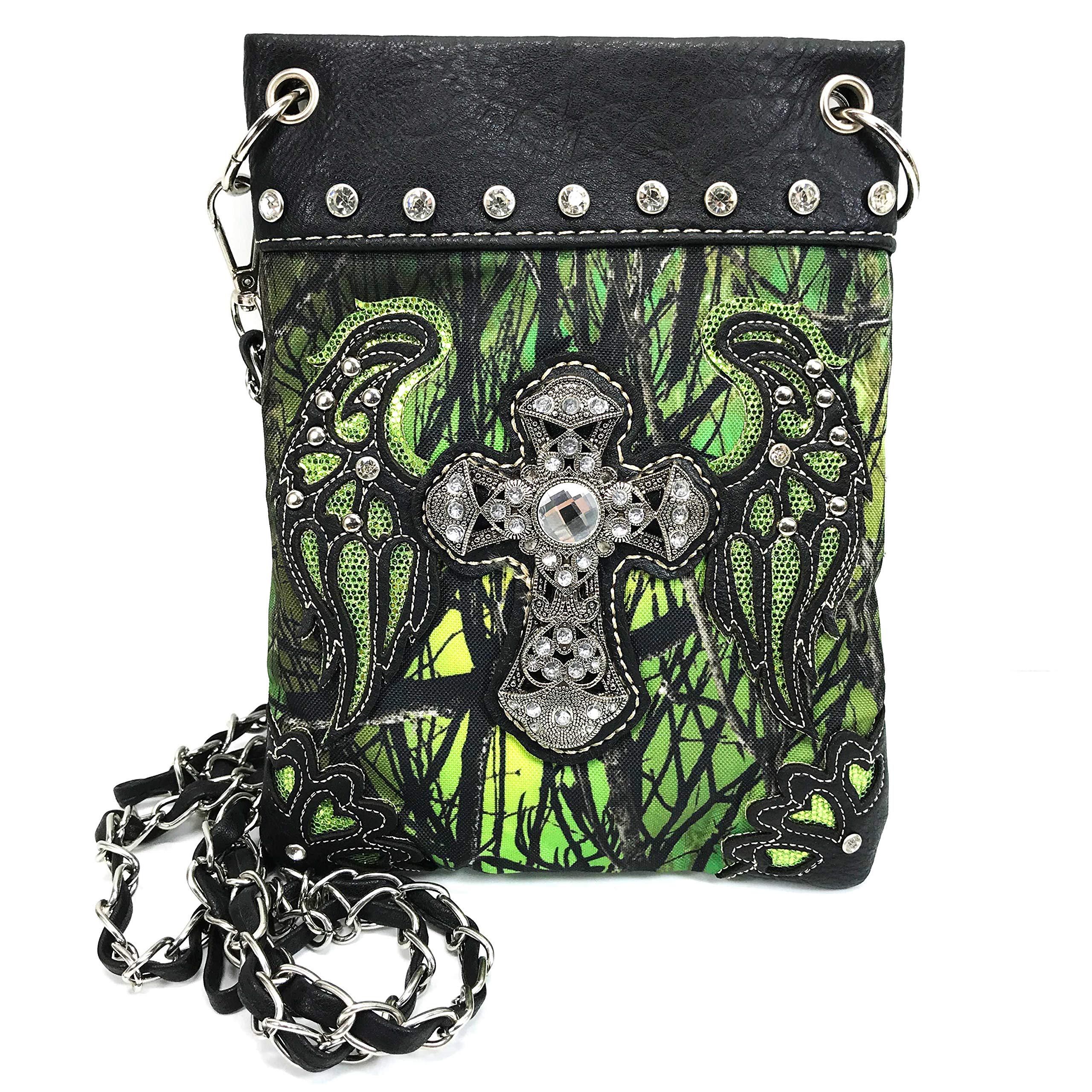 Justin West Camouflage Tree Branches Bling Rhinestone Cross Wings Buckle Crossbody Chain Messenger and Purse