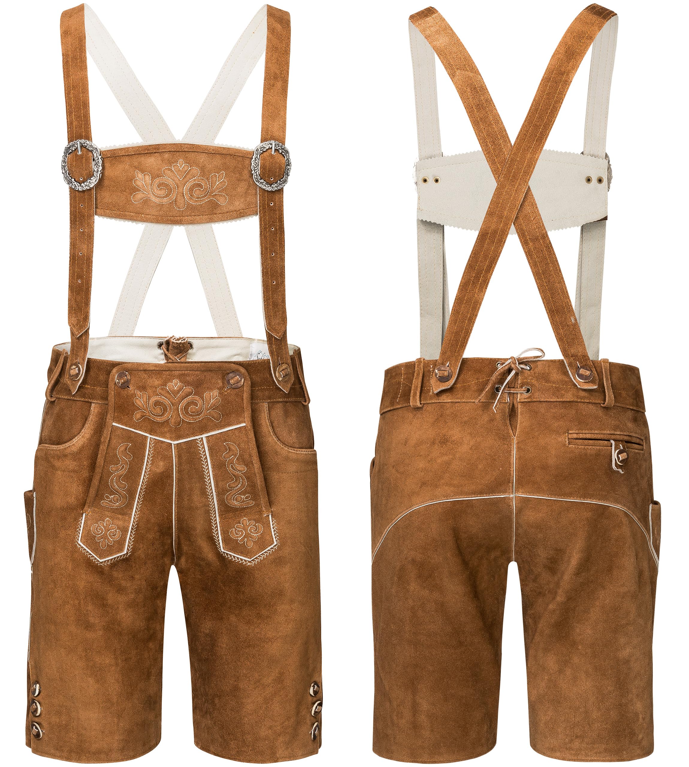 Schöneberger Trachten Couture Herren Lederhose mit Hosenträger – Original Trachtenhose braun, Trachtenlederhose kurz für Oktoberfest Hans