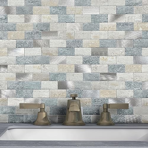 Azulejos adhesivos de ladrillo para salpicaduras de cocina, azulejos impermeables para salpicaduras de baño (5 hojas, azul gris)