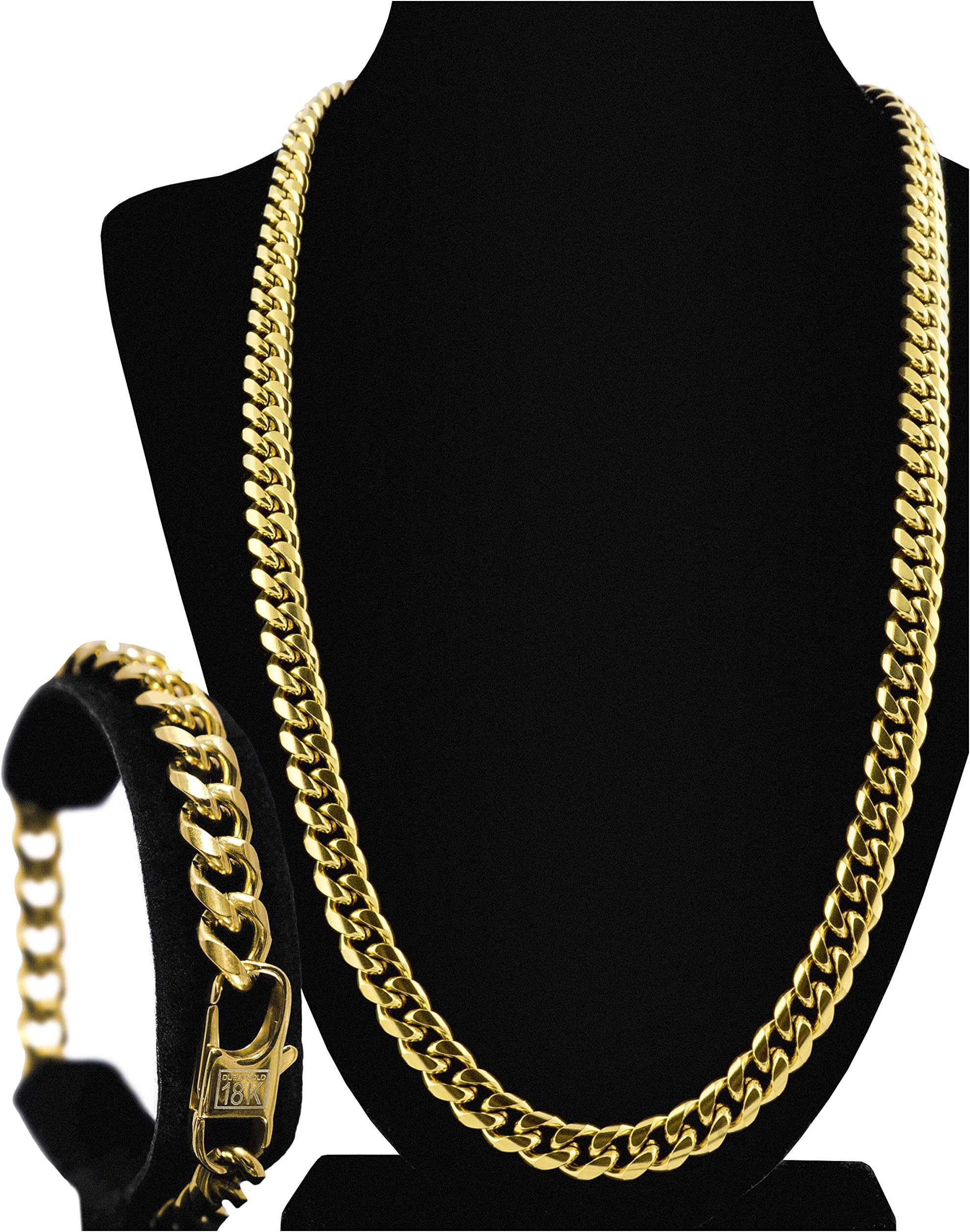18k Gold Plated Cuban Link Chain Necklace & Bracelet Set for Men + Gift Case