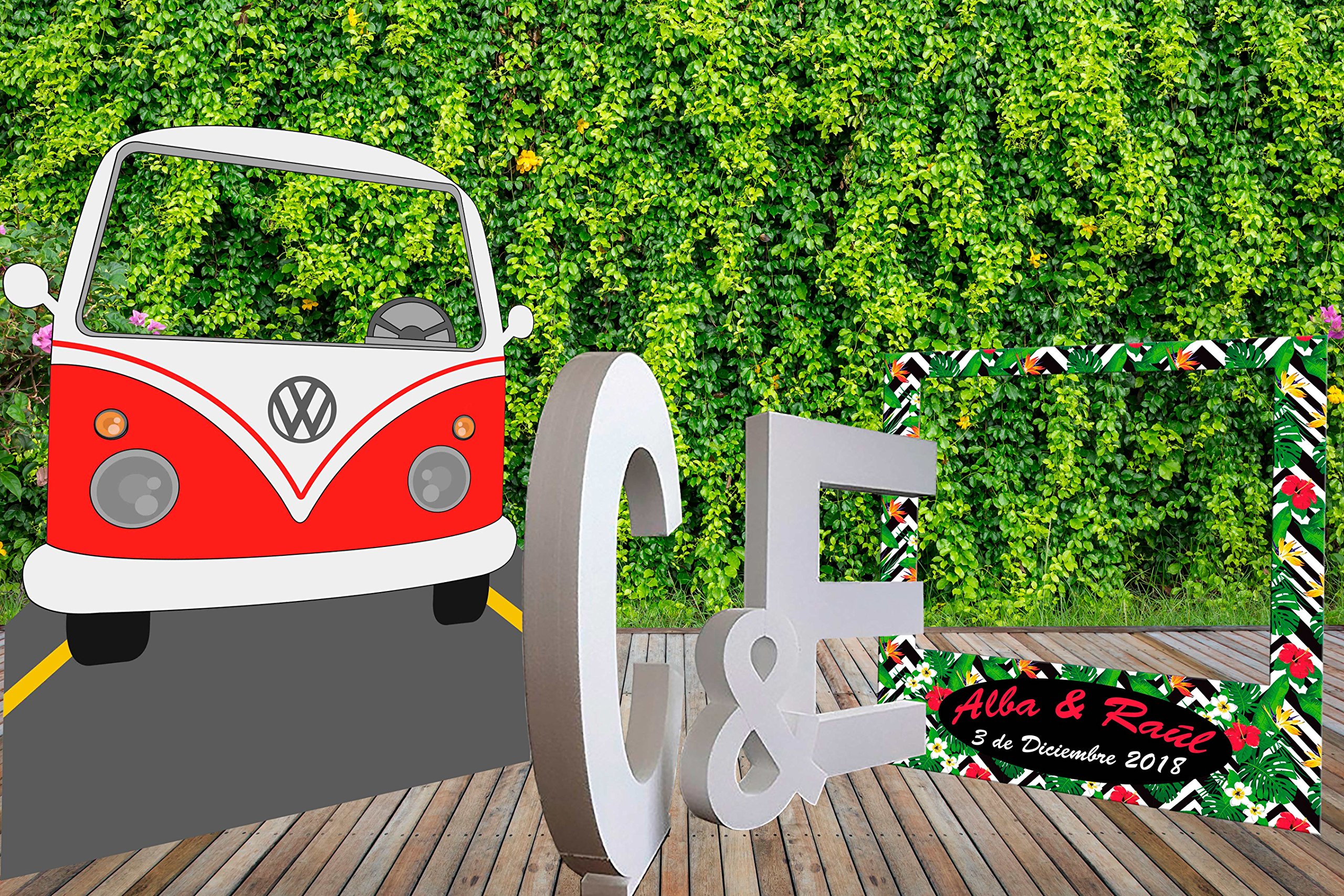 Oedim Pack Photocall Letras de Corcho Porexpan 100x 10cm de Grosor | Photocall Furgo Hippy Roja 119x150cm | Photocall Estampado Tropical Personalizado 100x100cm
