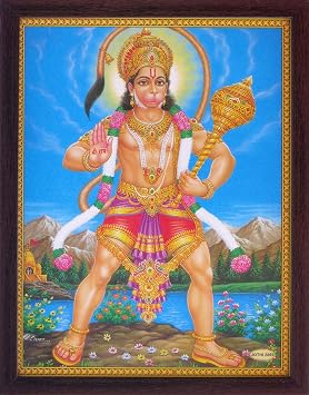 HandicraftStore Hanuman with His Weapon Gadha and Showing His Powerful Form At River End, a Holy Hindu Religious Poster Painting with Frame for Worship Purpose