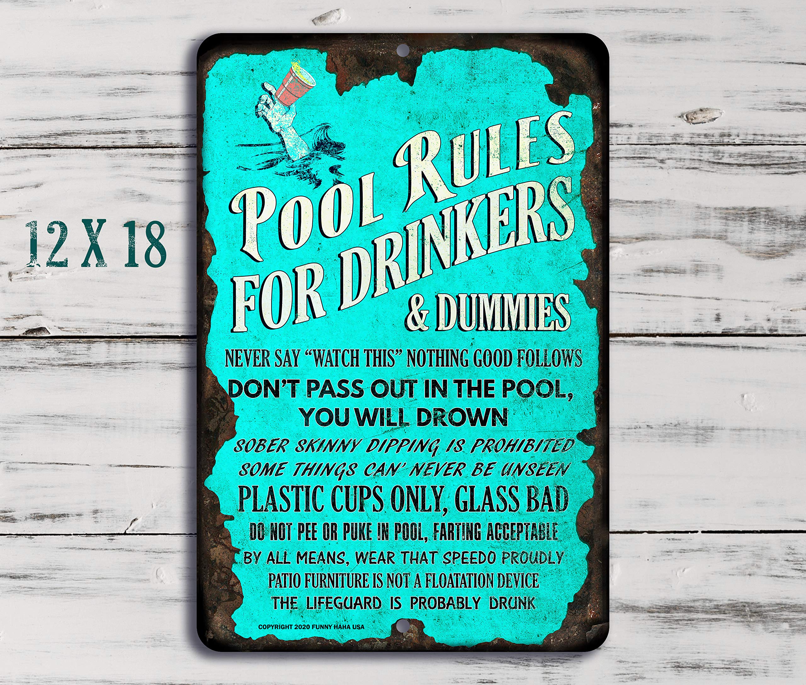 Cartel de aluminio con reglas de piscina para bebedores y chupetes, 30,5 x 45,7 cm Funny HAHA USA