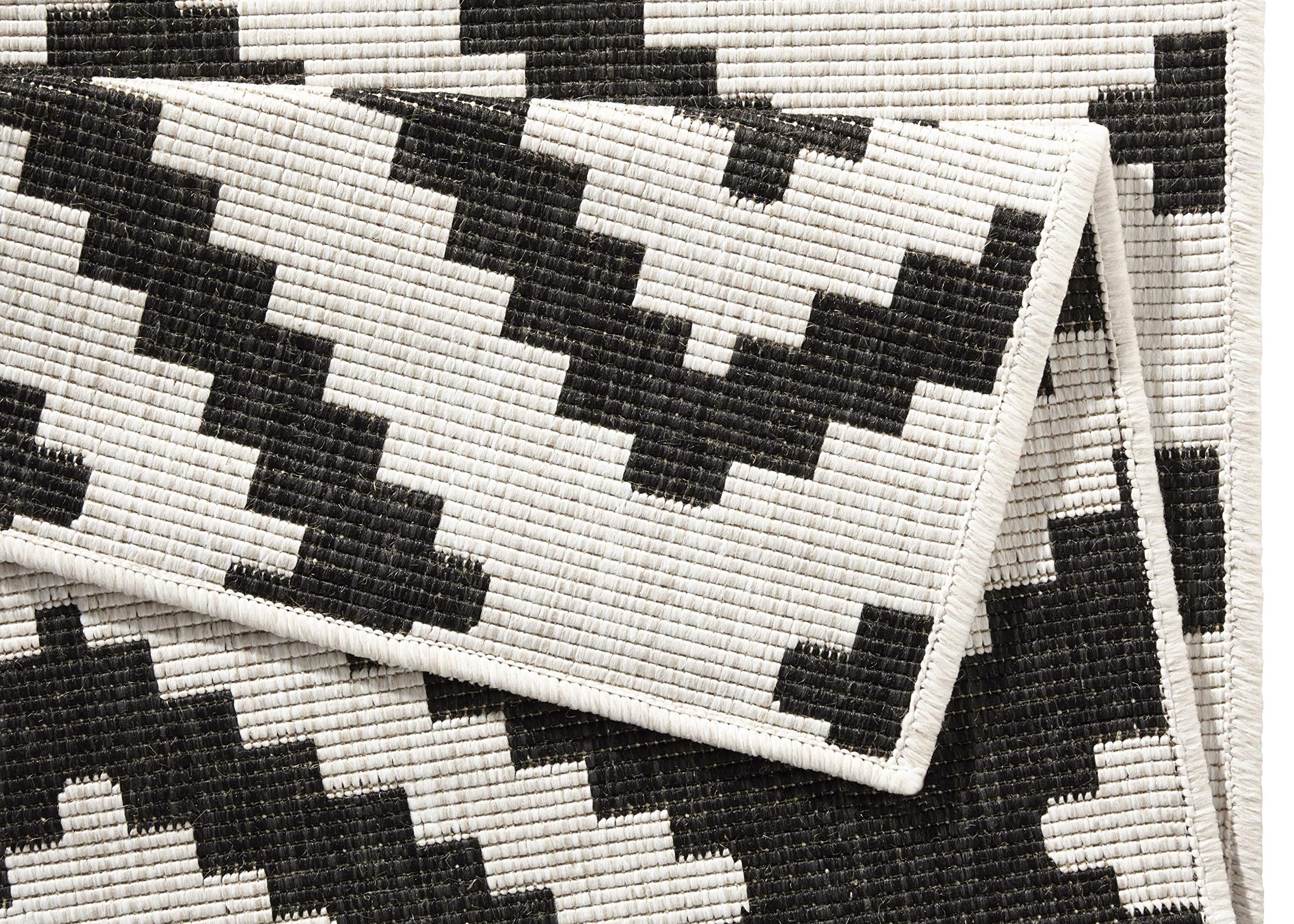 NORTHRUGS Tappeto reversibile Malta, resistente alle intemperie, moderno motivo geometrico, per balcone, terrazza, giardino d'inverno, soggiorno, impermeabile, in polipropilene, nero, crema, 80 x 250