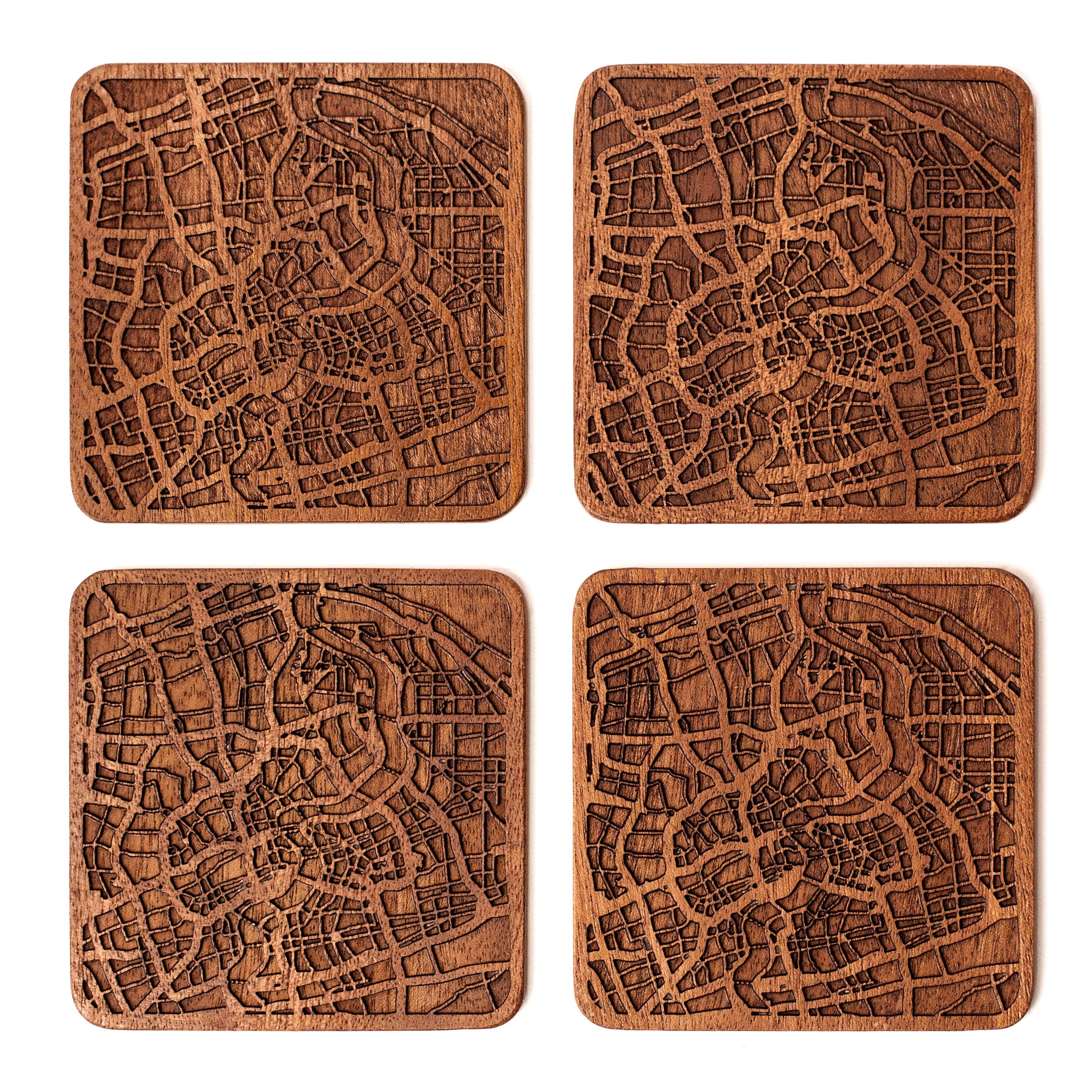O3 DESIGN STUDIOShanghai Map Coaster , Set Of 4, Sapele Wooden Coaster With City Map, Handmade