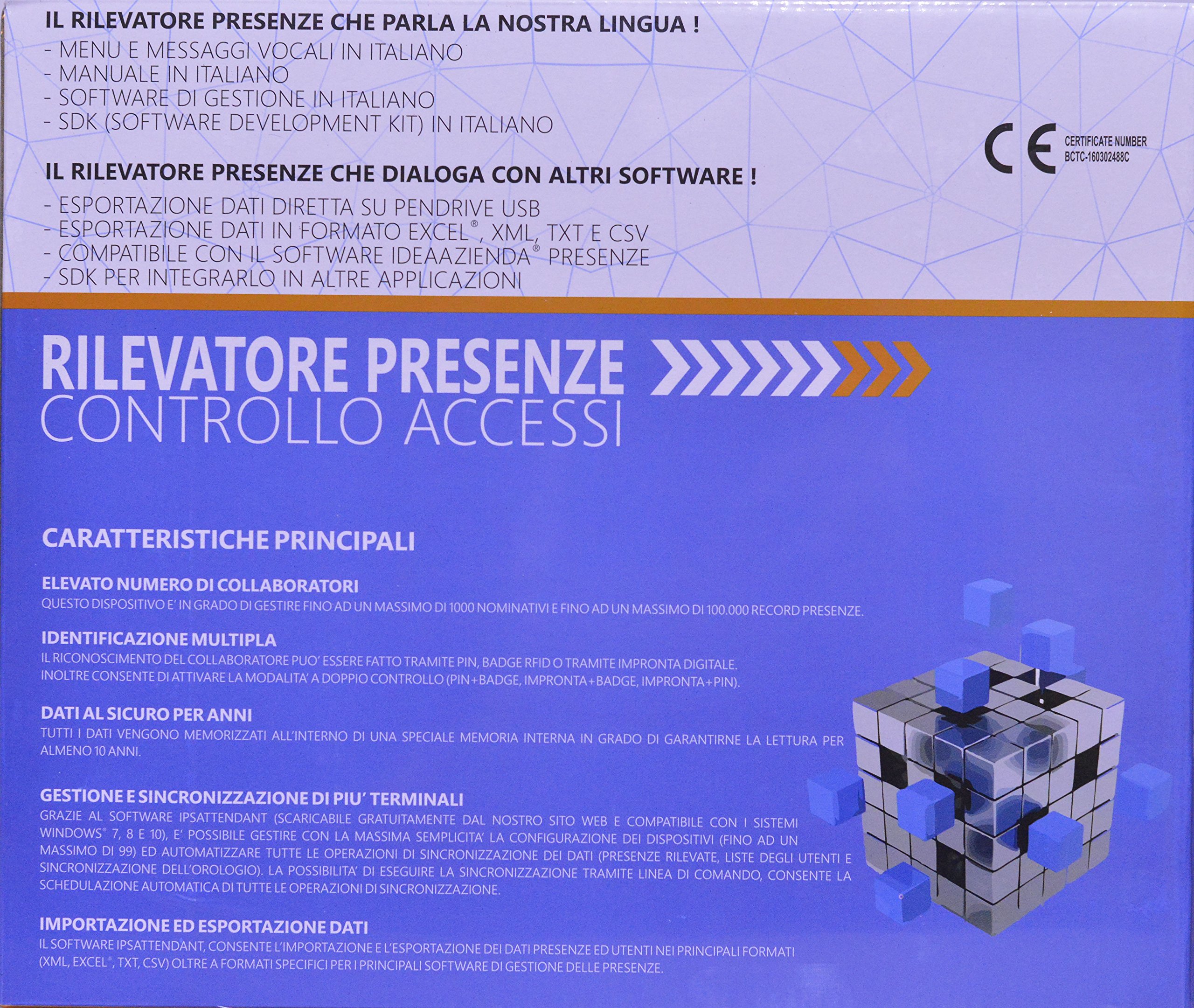 RILEVATORE PRESENZE CON IMPRONTA DIGITALE E RFID - CERTIFICATO CE- MENU E SOFTWARE IN ITALIANO E NR. 10 BADGE OMAGGIO - GARANZIA ITALIA - MONITOR A COLORI 4", USB E LAN