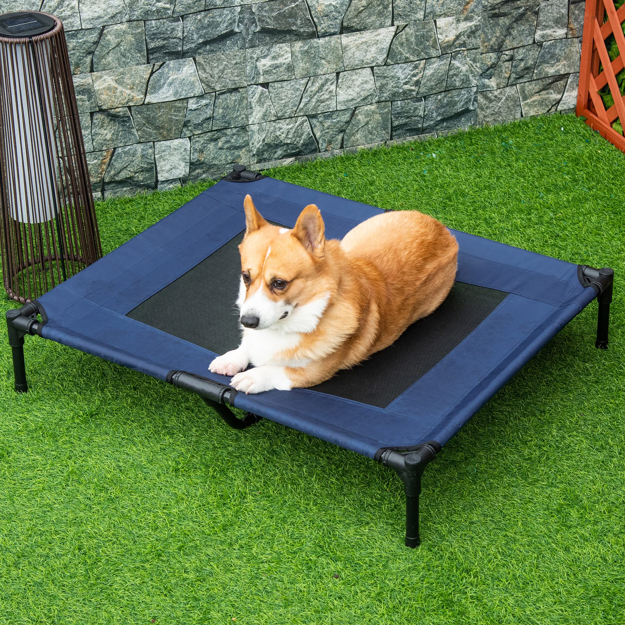 PawHut Lit sur Pieds lit pour Chien Chat lit de Camp lit surélevé Animaux Grand Confort Tissu Oxford textilène Micro-perforé métal 92L x 76l x 18H cm Bleu