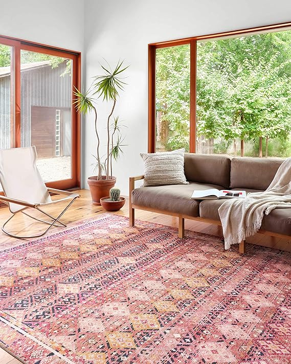 Loloi Layla Collection LAY-15 Magenta/Multi 2'-6" x 12'-0" .13" Thick Runner Rug, Soft, Durable, Vintage Inspired, Distressed, Low Pile, Non-Shedding, Easy Clean, Printed, Living Room Rug