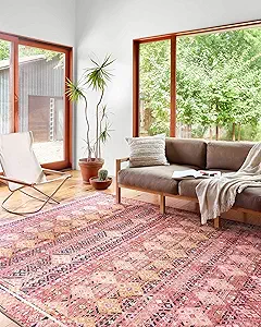 Loloi Layla Collection LAY-15 Magenta/Multi 2'-6" x 7'-6" .13" Thick Runner Rug, Soft, Durable, Vintage Inspired, Distressed, Low Pile, Non-Shedding, Easy Clean, Printed, Living Room Rug