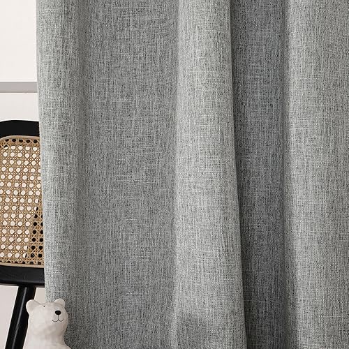 Miniatura 4 de INLINAS Cortinas opacas de lino con textura de nudos de bambú, 100% bloqueo de luz, reducción de ruido, tela de triple capa con pestaña trasera y