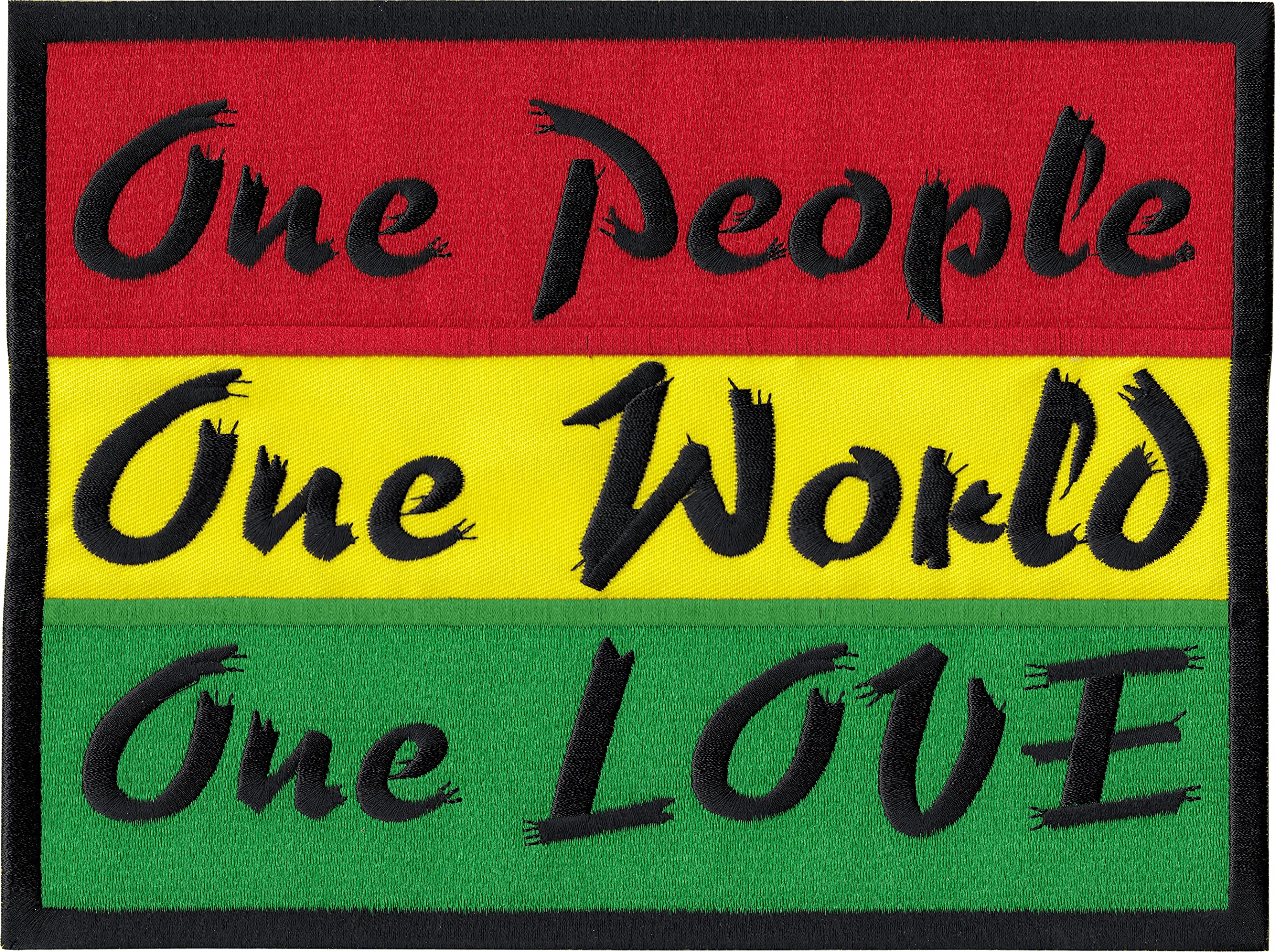 Square Deal Recordings & Supplies One People, One World, One Love - Black Text on Rastafarian Reggae Flag - 9.38" Embroidered Iron on Back Patch