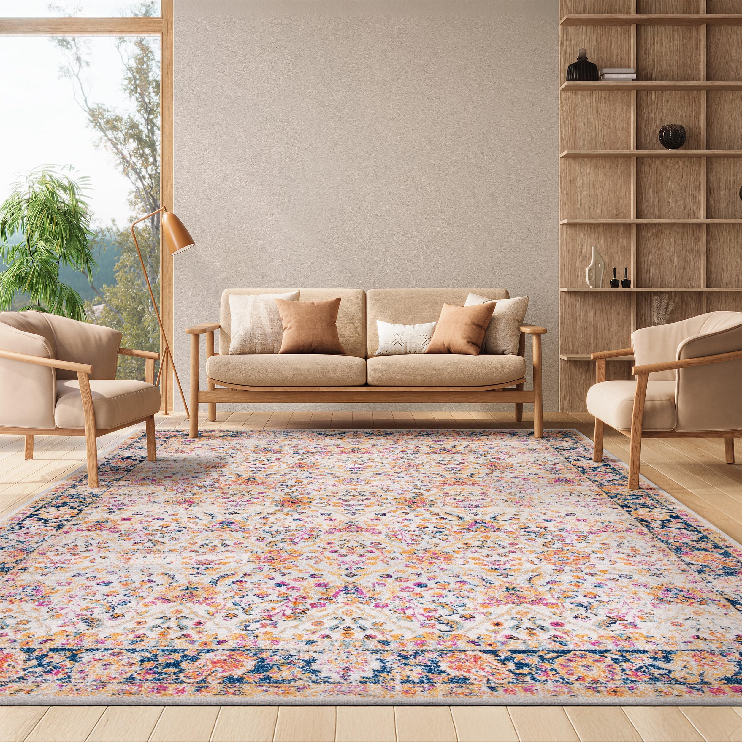 SAFAVIEH Tapis de Sol Vieilli pour Salon, Salle à manger, Chambre à coucher - Madison Collection, Tapis à poil court, Crème et Marine, 201 X 279 cm