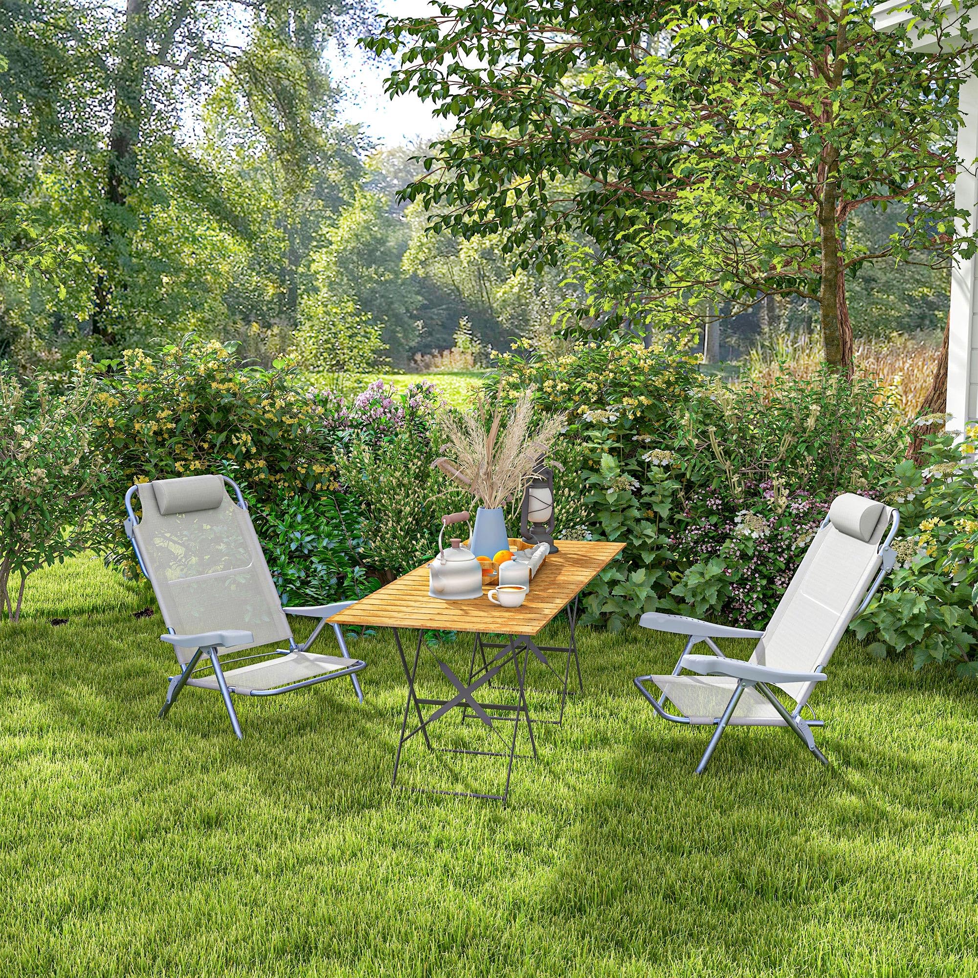 Outsunny Set 2 Sedie da Campeggio Pieghevoli con Poggiatesta Imbottito, Sedia da Pesca con Schienale Regolabile su 6 Livelli in Alluminio e Schiuma, 62x65x80 cm, Grigio Chiaro