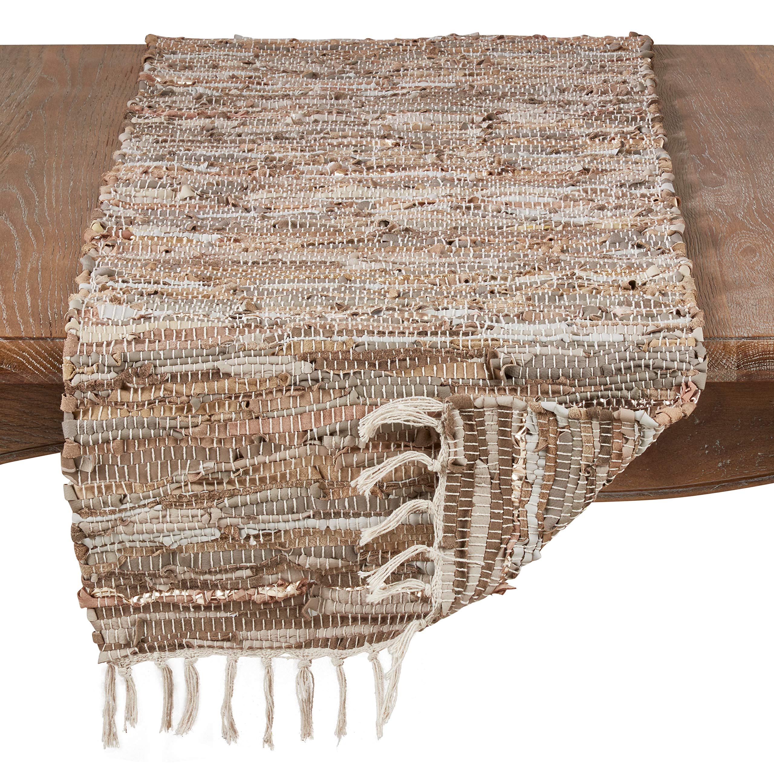 SARO LIFESTYLE Cuir Collection Chindi Design Läufer, Leder und Baumwolle, 40,6 x 304,8 cm, Natur
