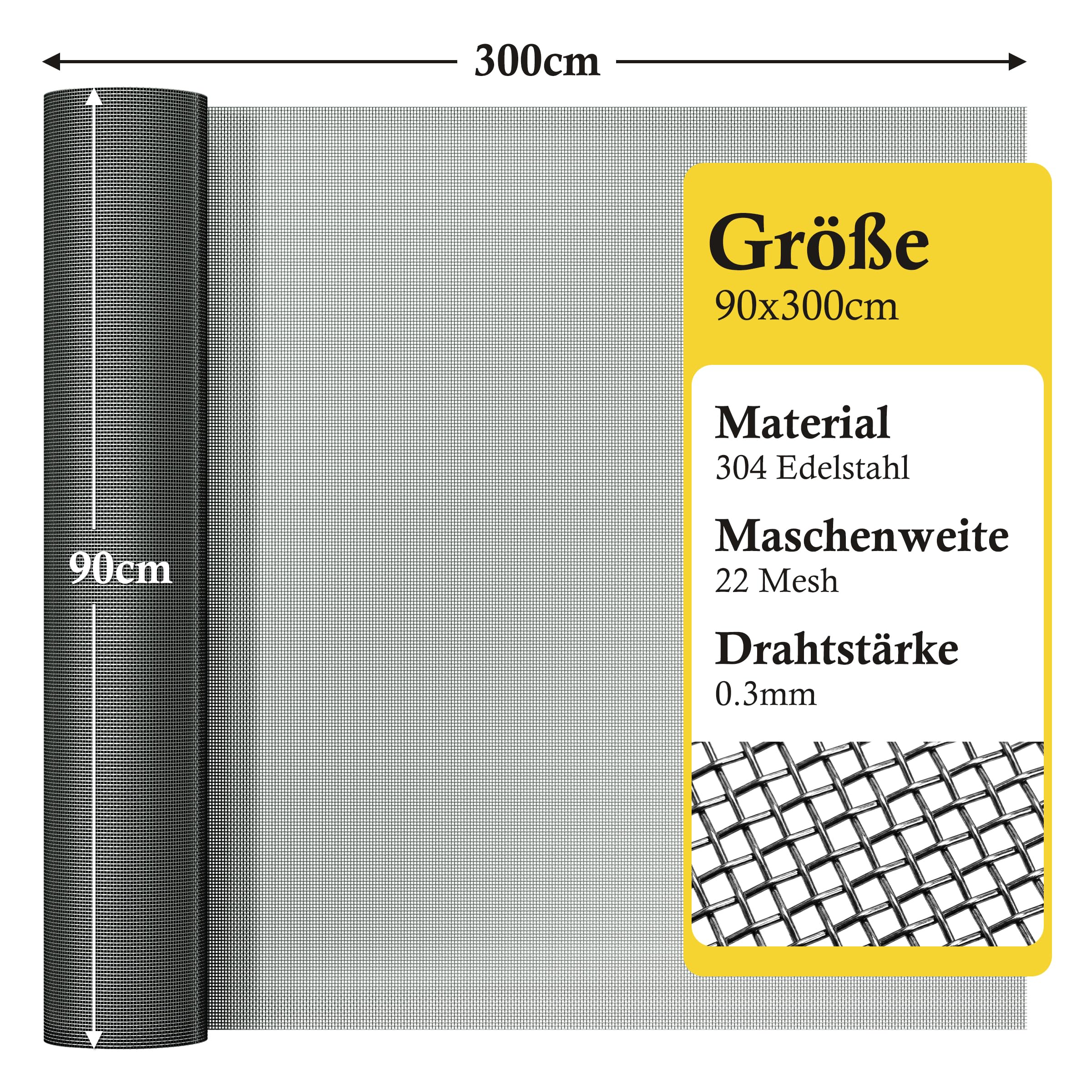 fowong Fliegengitter Edelstahl als Meterware – 90x300 cm Rolle, feinmaschig – DIY zuschneidbar für Fenster, Balkontür & Lichtschacht – Schutz vor Mäusen, Ratten, Fliegen & Katzen