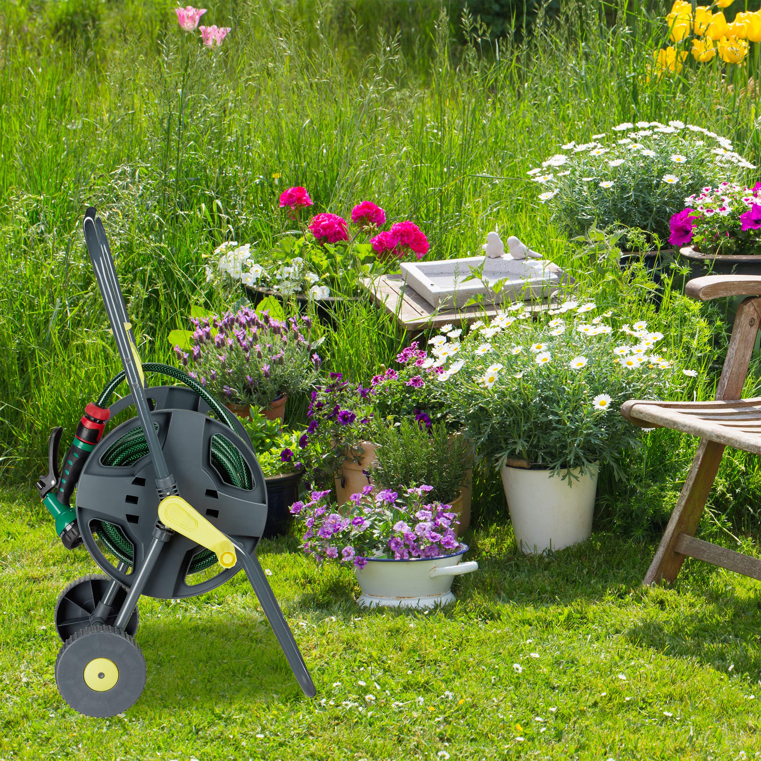 Relaxdays Chariot à Tuyau 45 m, roulettes pour Le Jardin & Le Balcon, avec Roues, 76,5x44x41 cm, arrosage, Gris - Jaune