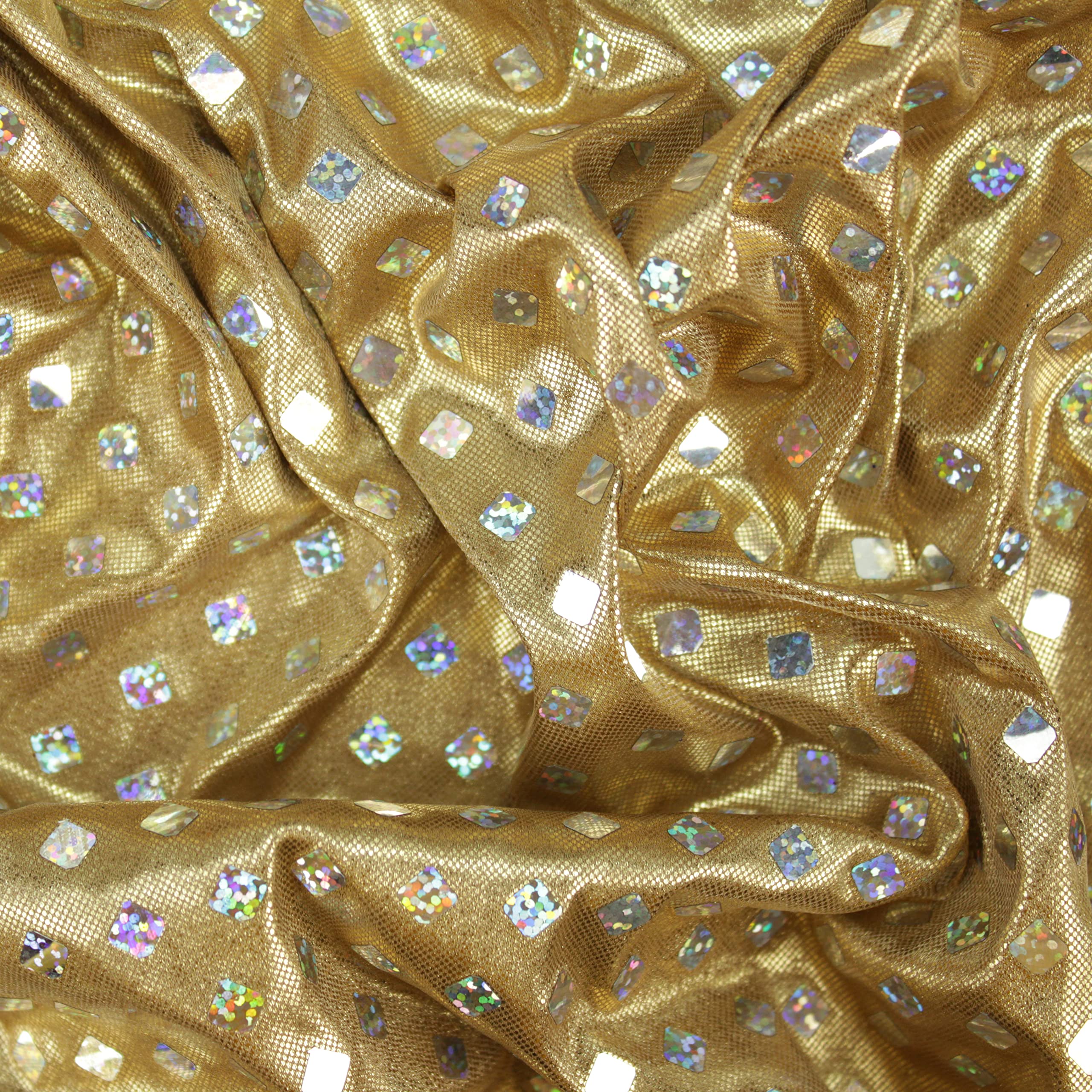 TEJIDO DE PAN DE ORO CON ROMBOS DE BRILLO HOLOGRAMA ANCHO 112 cm POR METRO (ROMBOS DORADO, 10)