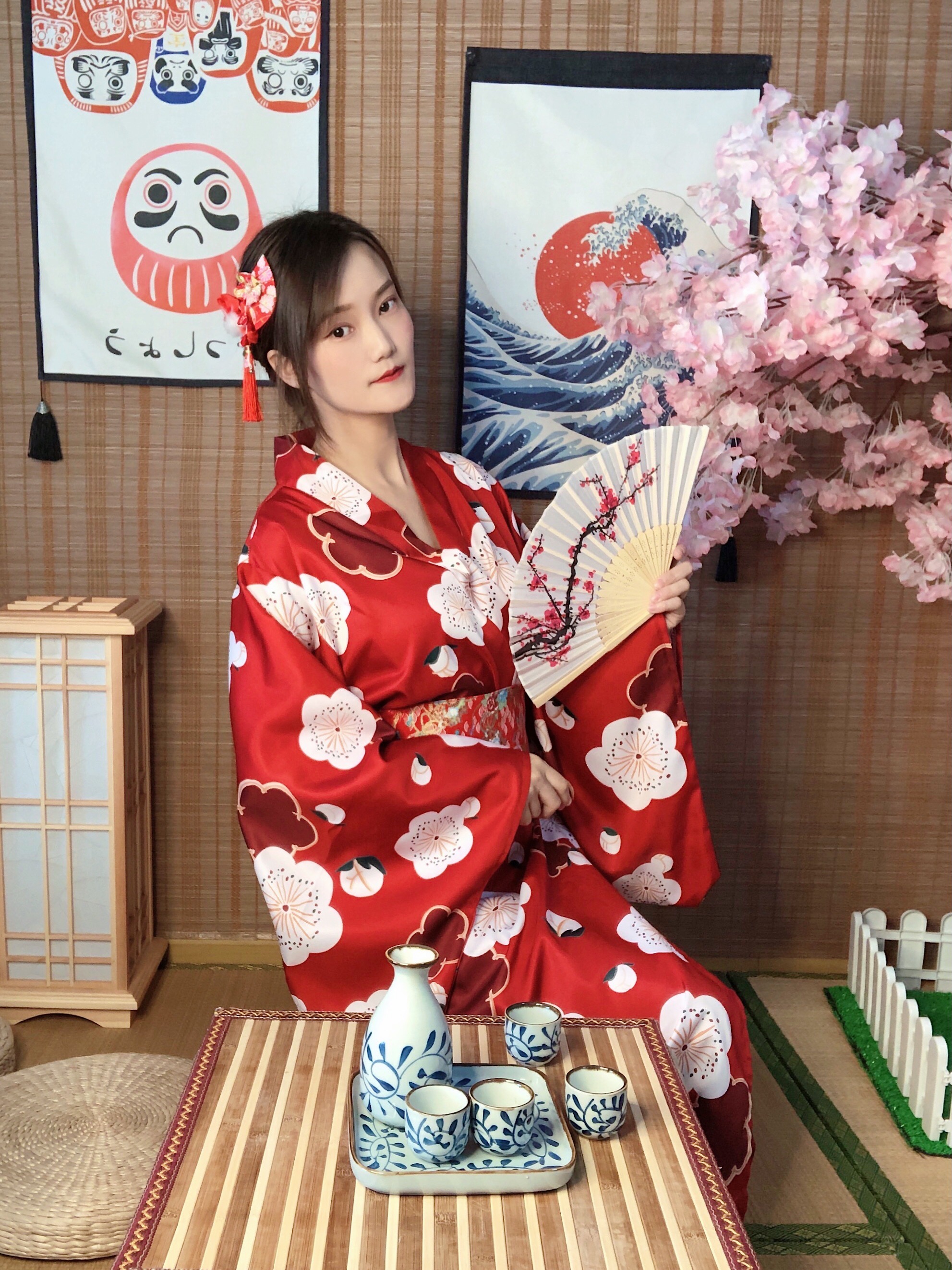 Japanese Anime Women's Long Kimono Robe Fancy Dress Hand Held Silk Folding Fans Tabi Socks Hairstick Set Sakura Red at Amazon Women's Clothing store