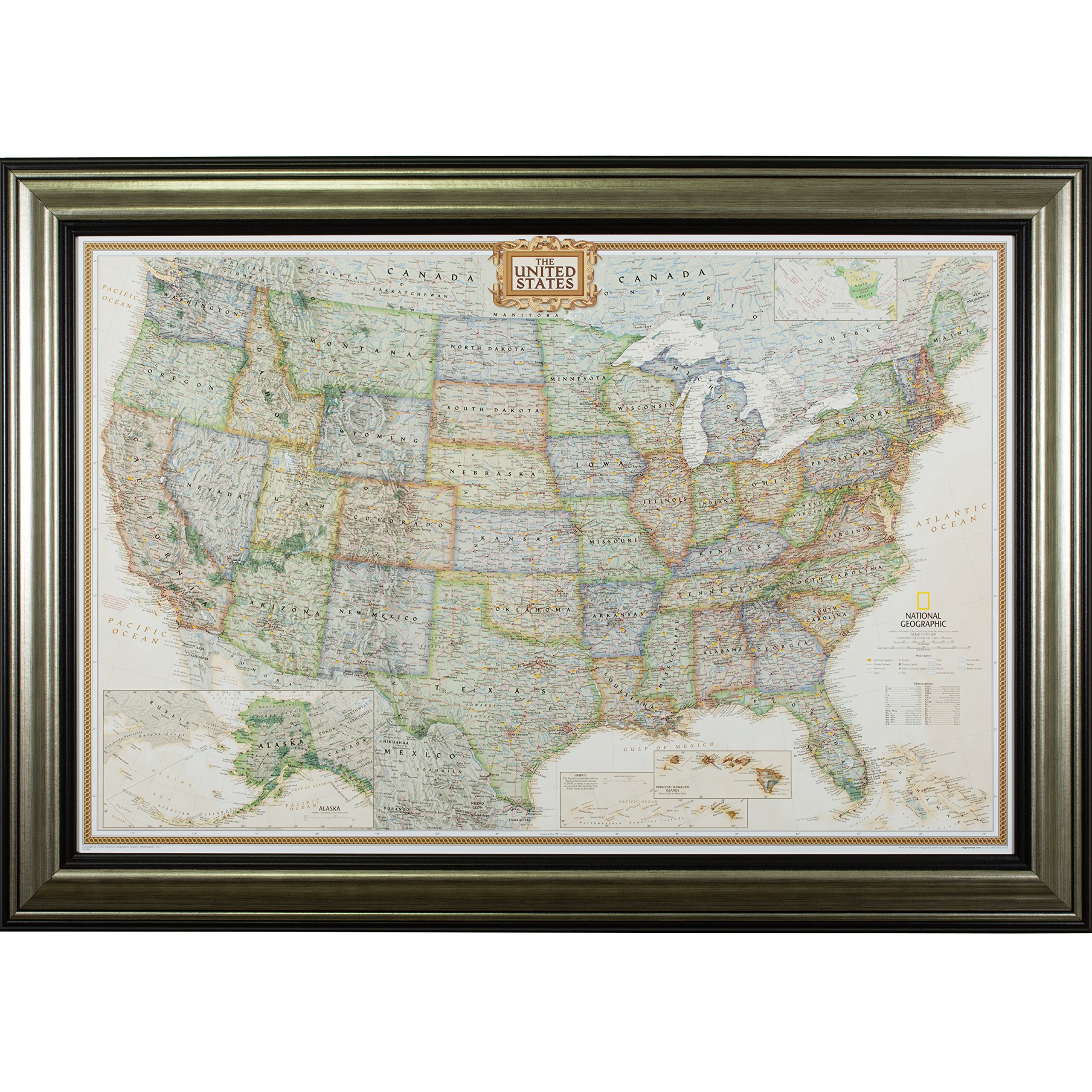 Craig Frames United States Travel Map, 24x36 Antique Silver and Black Frame