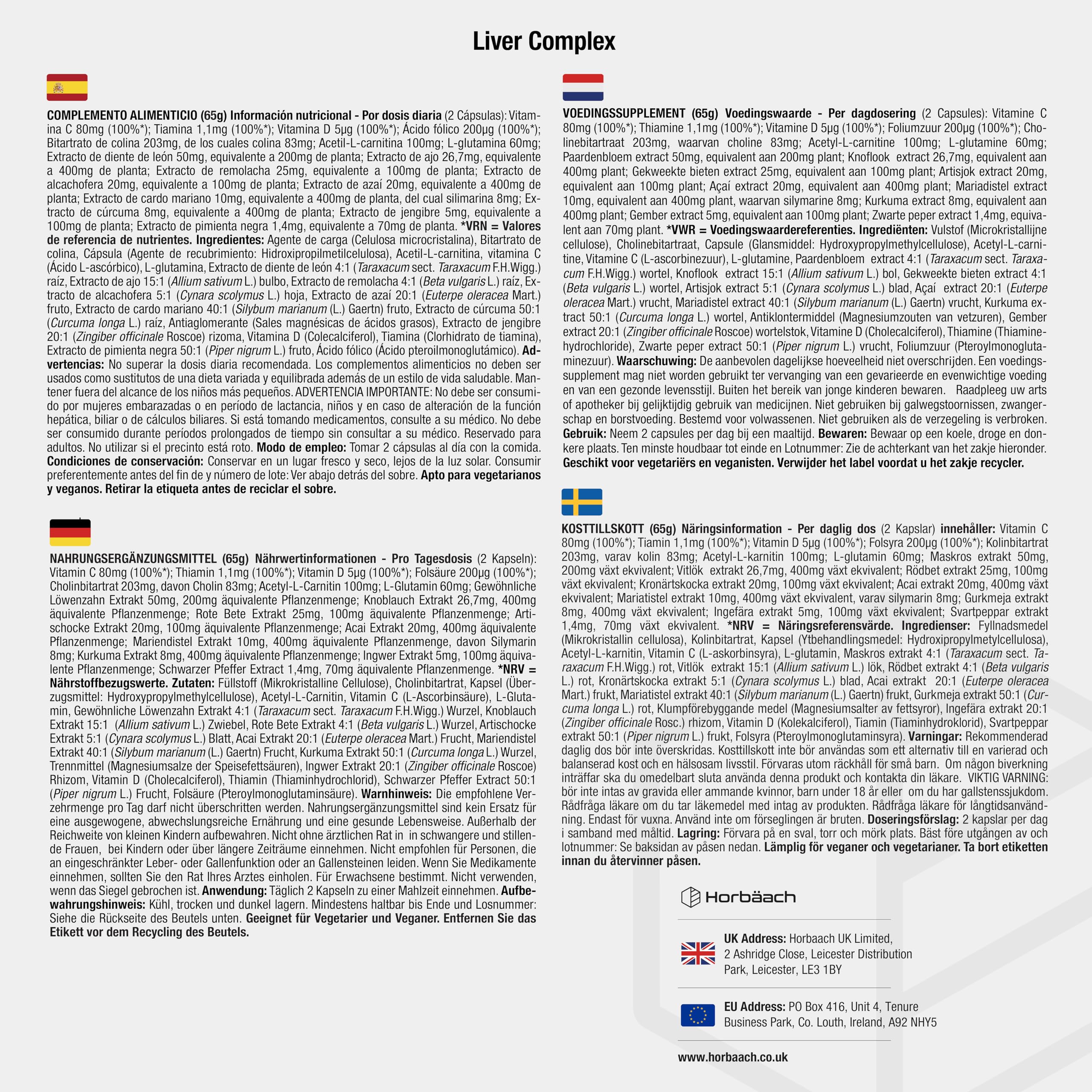 Liver Complex | con Cardo Mariano, Estratto di Carciofo, Radice di Tarassaco, Curcuma, Vitamina C, D e Altro | 120 Capsule Vegane | Integratore Depurativo Fegato | Funzione Epatica | Horbaach