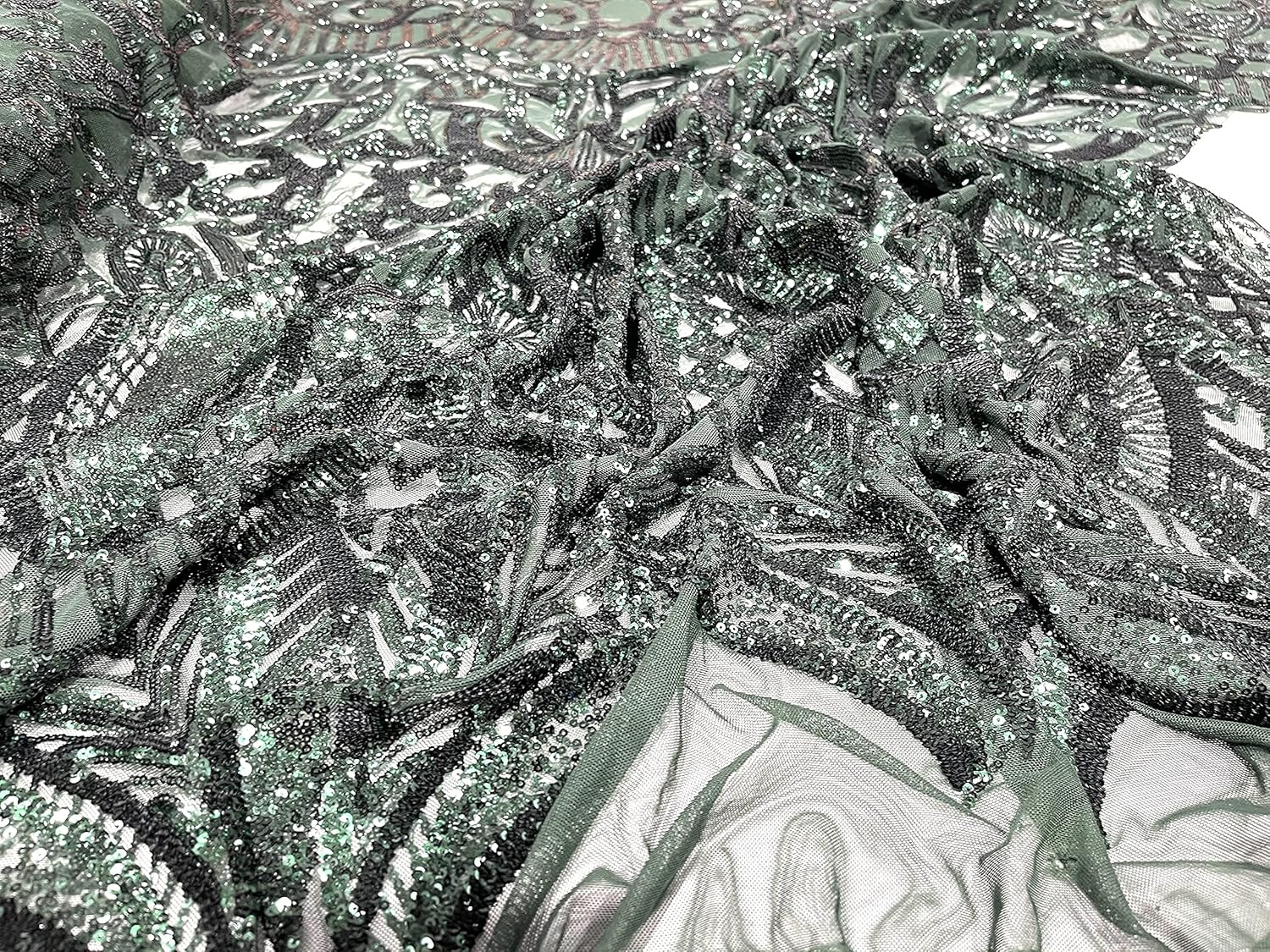 New Creations Fabric & Foam Inc, Iridescent Royalty Design On A 4 Way Stretch Mesh/Prom Fabric (5 Yards, Hunter Green on Green Mesh)