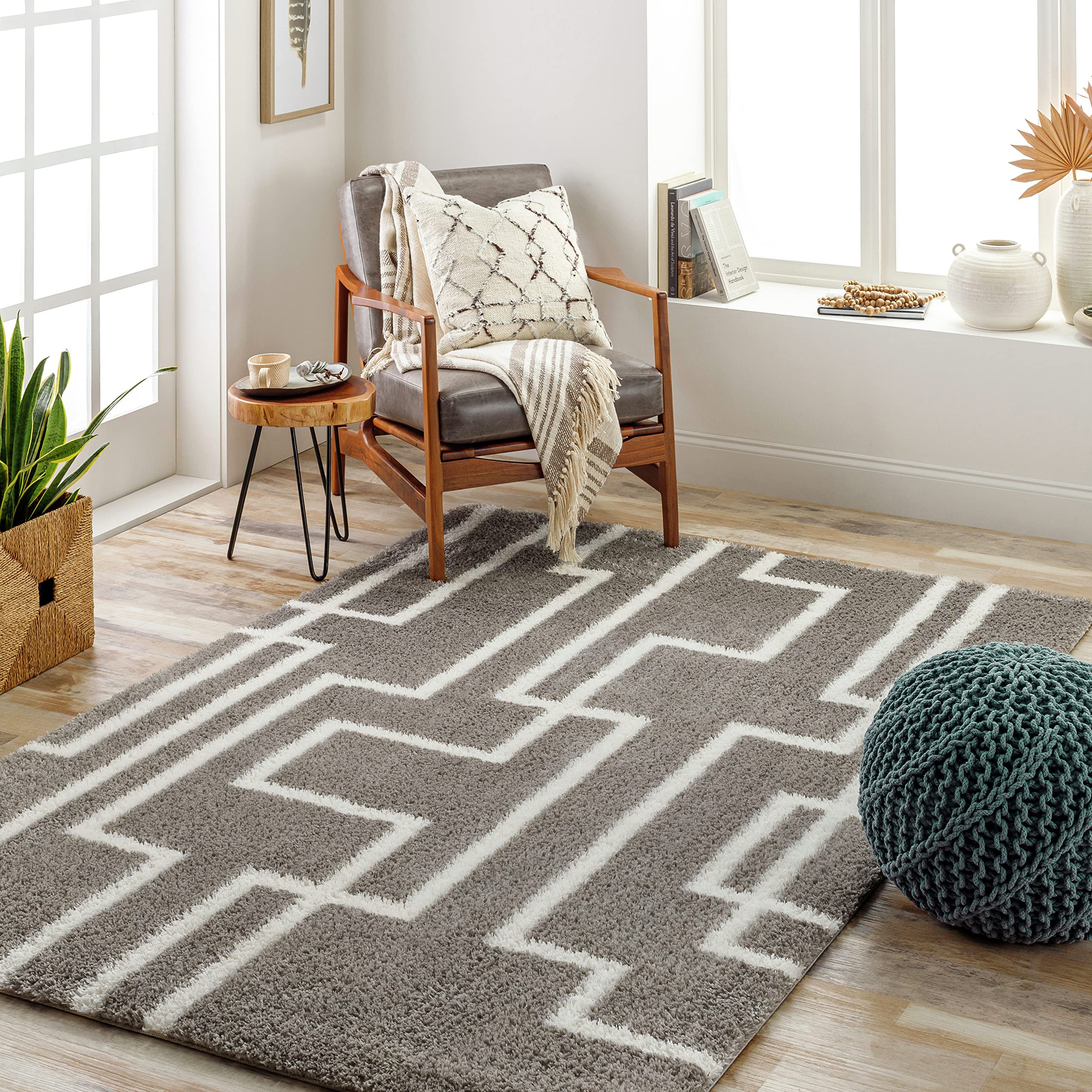 Livabliss Alor Tapis à poils longs moderne berbère doux pour chambre à coucher et salon - Grand tapis à poils longs style bohème neutre en peluche épais facile d'entretien - Gris foncé et blanc - 160