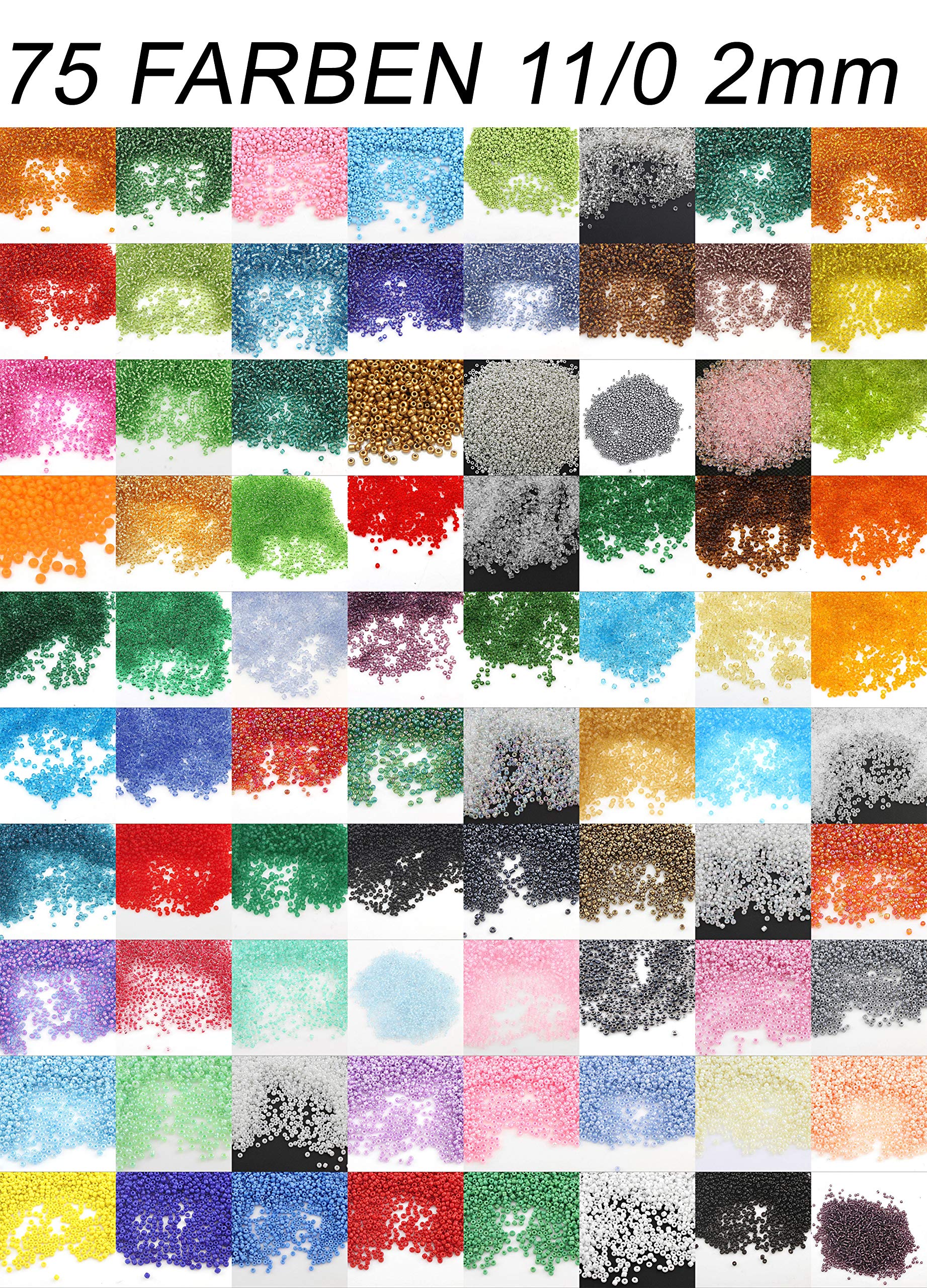 Perlin Rocailles 11/0 Glasperlen 2 mm 75 Farben 1,5 kg 100000 Stück | Saatperlen Indianerperlen Seed Beads Schmuckperlen zum Auffädeln für DIY Schmuck Perlenweben Bastelarbeiten