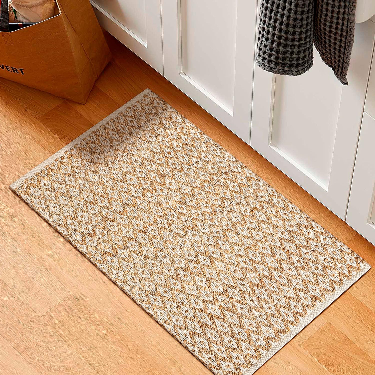 Ramanta Home Jute Cotton Area Rug 24x36 Inches Natural White, Handwoven Reversible Boho Diamond Floor Rugs for Entrance, Bedroom, Living Room, Kitchen | Farmhouse Artistic Design for Patio Décor