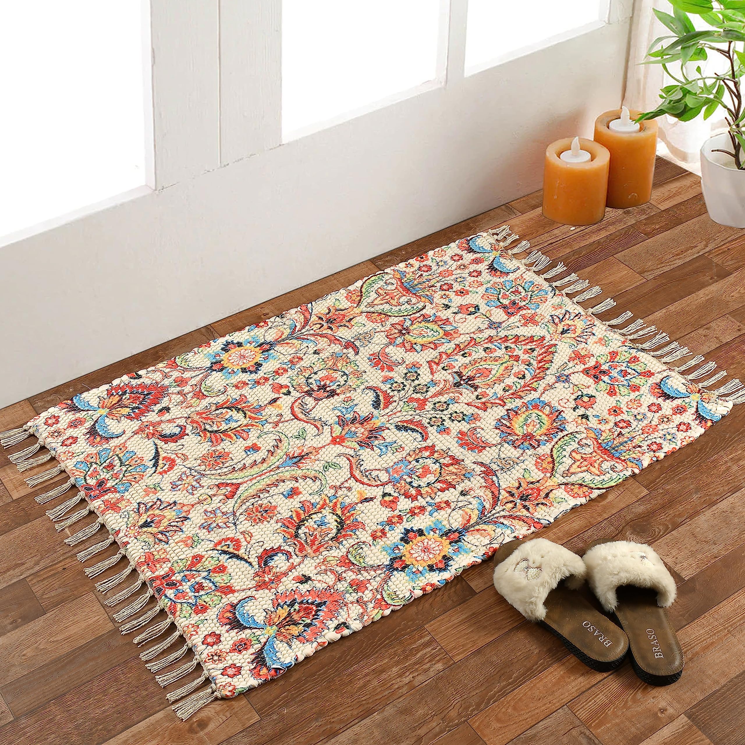 HOMADORN Handmade Sustainable Printed Modern Dhurrie/Rugs/Carpet upcycled from Scrap Fabric for Living Room/Bedside Runner for Enhanced Decor (2x3 feet)