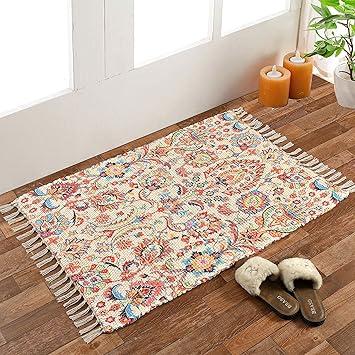 HOMA DORN Homadorn Handmade Sustainable Printed Modern Dhurrie/Rugs/Carpet Recycled Fabric for Living Room/Bedside Runner for Enhanced Decor (2 feet x 3 feet, Cream Floral)