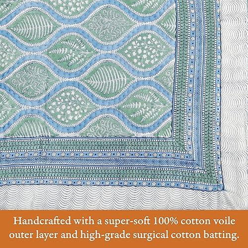 Miniatura 4 de Saffron Marigold Manta reversible azul acolchada, tamaño King, hecha a mano con estampado de helechos del bosque, de algodón, de gasa Jaipuri Razai,